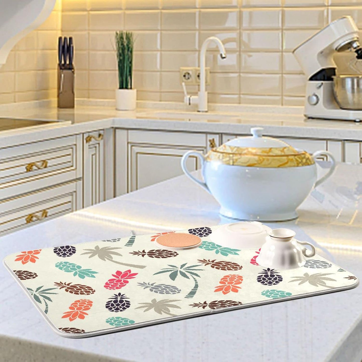 Super Absorbent Dish Drying Mat, Microfiber Fast-Drying Dish Mat, 16" x 18", Kitchen Dish Drying Pad Coconut Palm Trees Pineapples…