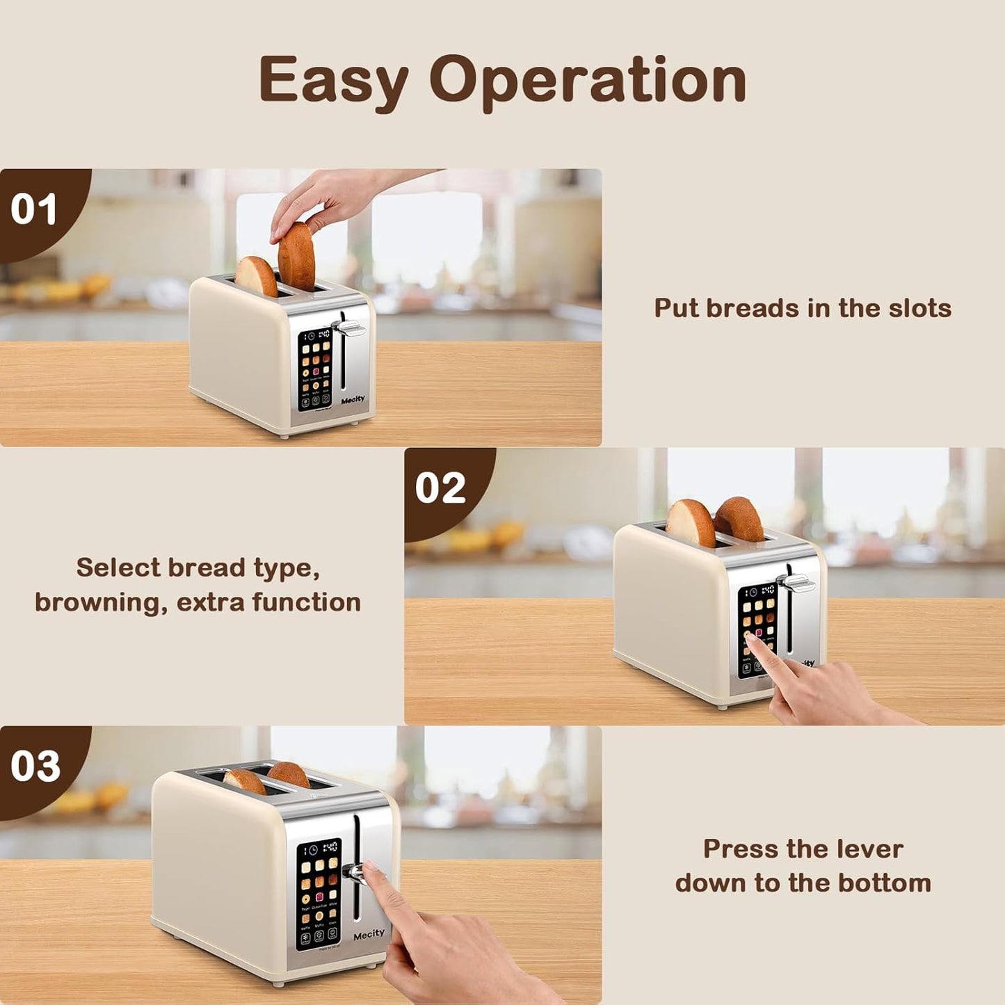 Mecity 2 Slice Touch Screen Toaster, 1.5" Wide Slot, Stainless Steel Smart Toaster for Bagels, Muffins, Waffles, Gluten-Free Breads, Defrost, Reheat, Timer, 120V 825W, Cream Color