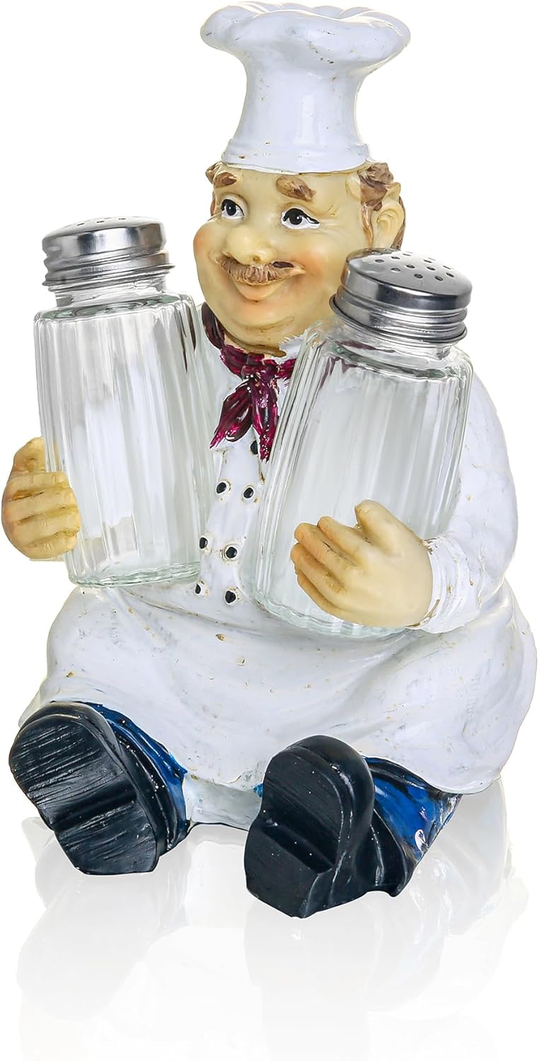 Rustic Spice Dispenser Shaker Holder with Glass Spice Jars - Salt And Pepper Dispenser with Resin Chef Figurine And Statues Holder - Farmhouse Kitchen DéCor