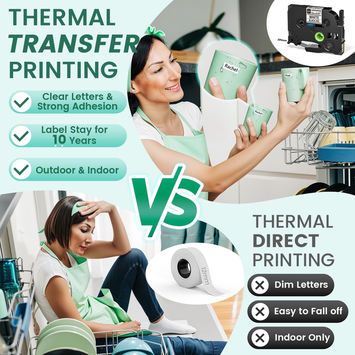 Label Maker, D210S Label Maker Machine with 4 Laminated Tapes, 12mm Labeler Labelmaker with QWERTY Keyboard, Print Different Fonts Frame Barcode for Home Office School, Green