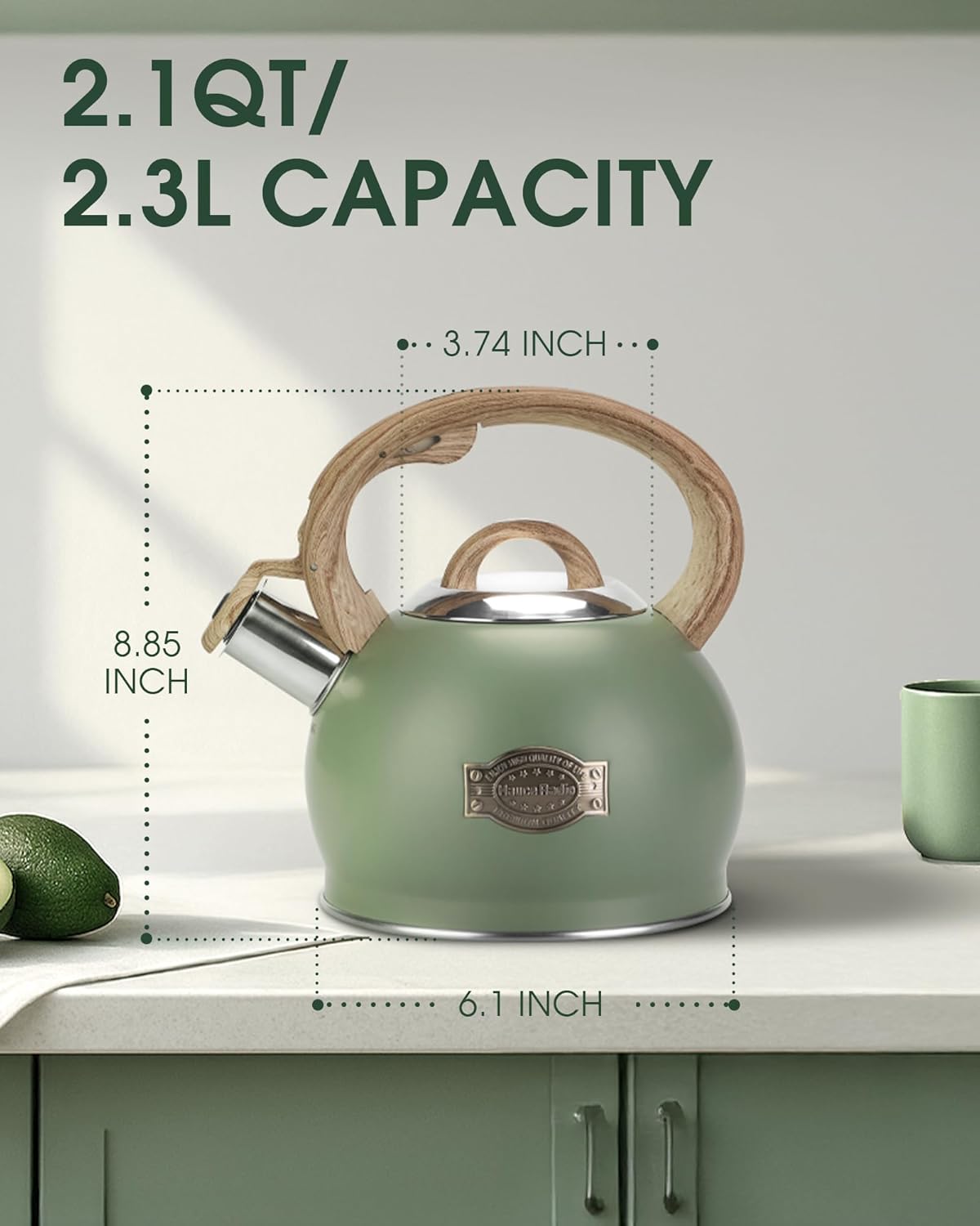 Tea Kettle Stovetop, 2.1 Quart Stove Top Whistling Tea Kettle, Teapot Kettles with Food Grade Stainless Steel and Wood Pattern Folding Handle, Suitable for All Heat Sources