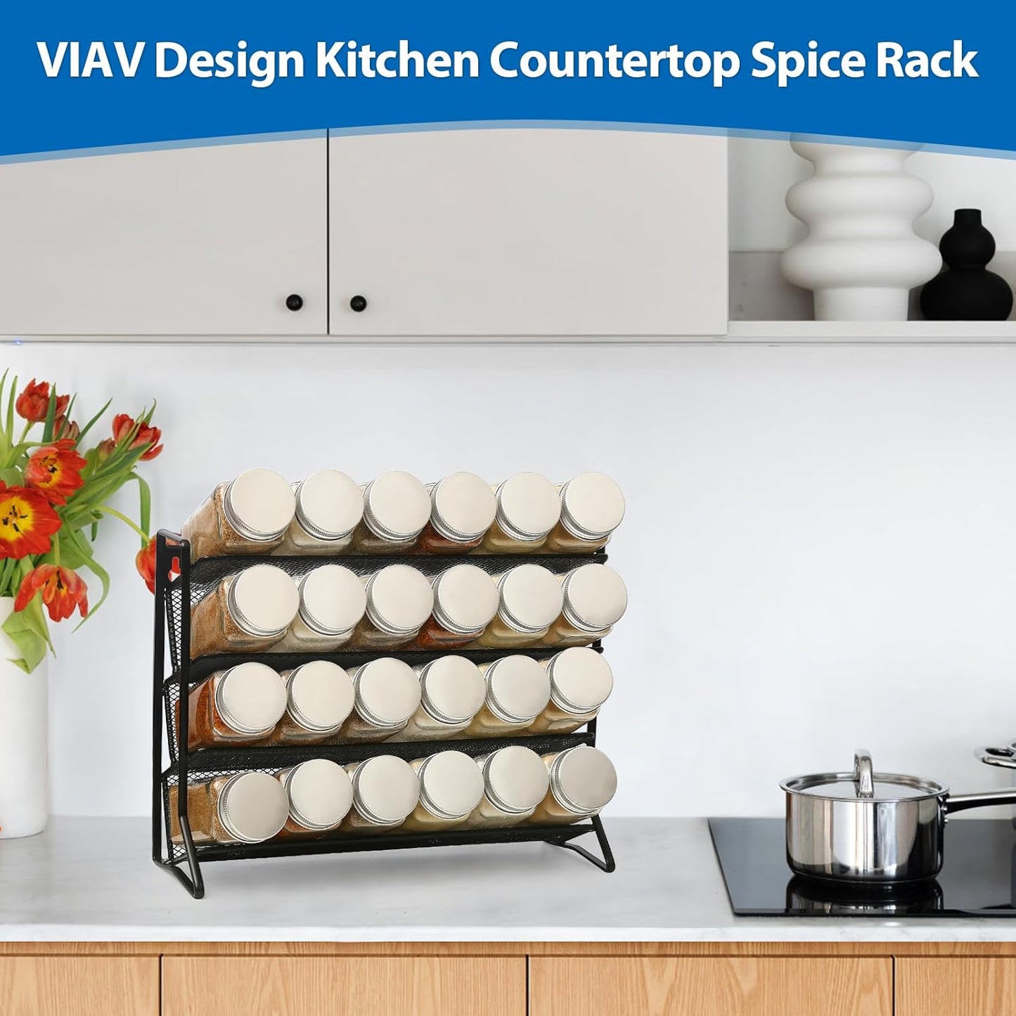 1PCS 4Tier Spice Rack for Counter Free Standing,Spice Rack for Inside Cupboard Hanging Wall Mounted Spice Seasoning Organiser Spice Jars Bottle Organizer for Kitchen Pantry(Black)