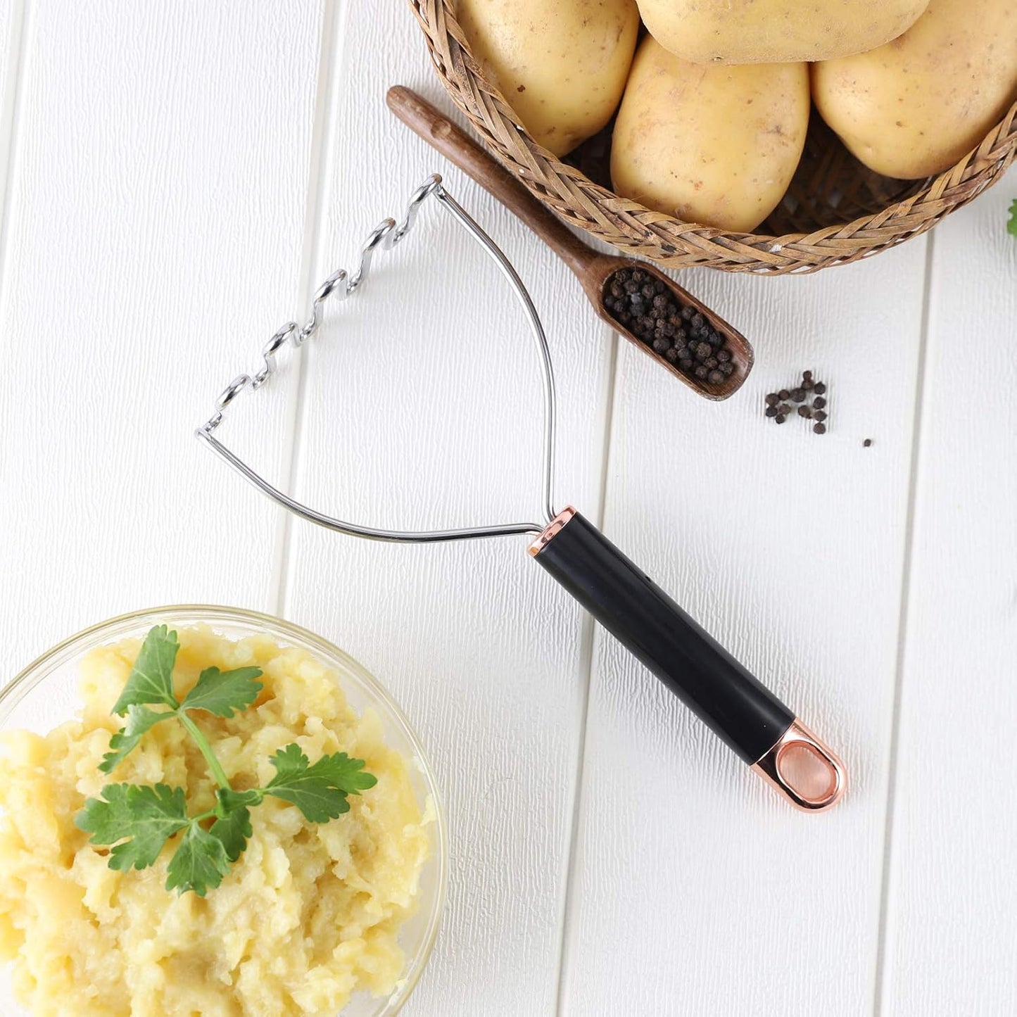 Potato Masher, Potato Masher Stainless Steel, Heavy Duty Mashed Potatoes Masher, Professional Metal Wire Masher Kitchen Tool for Bean, avocado, Vegetable-10.24 inch (Rose Gold)