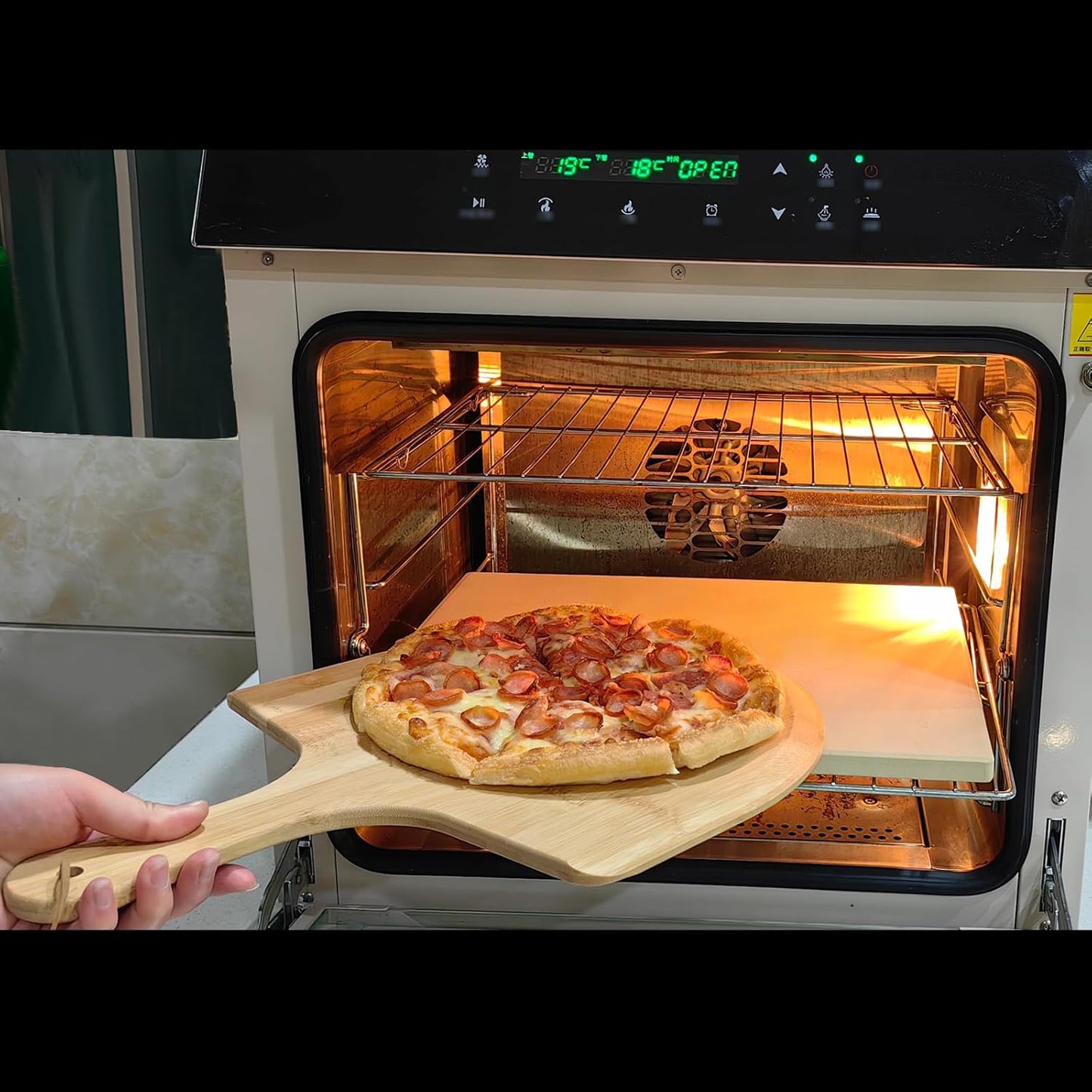 Rectangular Pizza Stone 4 Sets,12"x15"x0.59"(OAK) Pizza Stone for Oven and Grill with Bamboo Pizza Peel, Pizza Cutter and 10pcs Cooking Paper,Grill Stone Baking Stone for Bread,BBQ,Grill