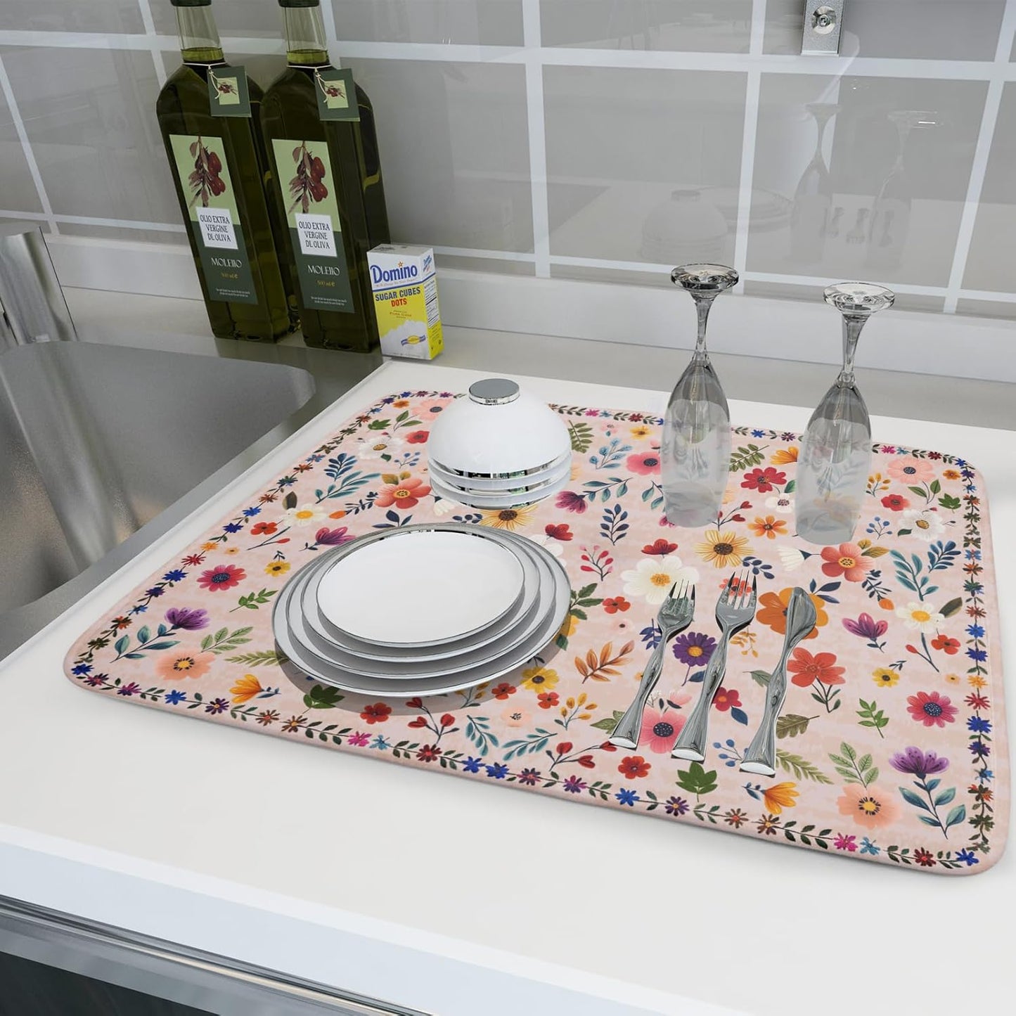 Spring Flowers Dish Drying Mat - Summer Pink Floral Washable Decorative Drying Pad for Women Home Kitchen Decor