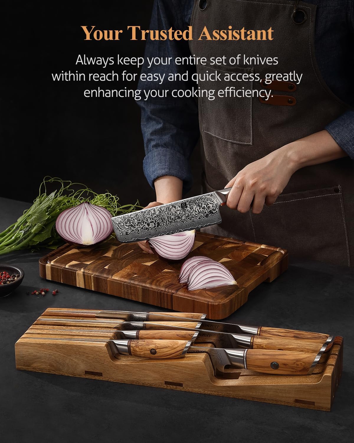 XINZUO In-drawer Knife Block, Natural Acacia Knife Drawer Oganizer, Insert-Kitchen Storage Holder, 7 Slots, Holds up to 7 Various Size Knives, Countertop Saving&Knife Protective