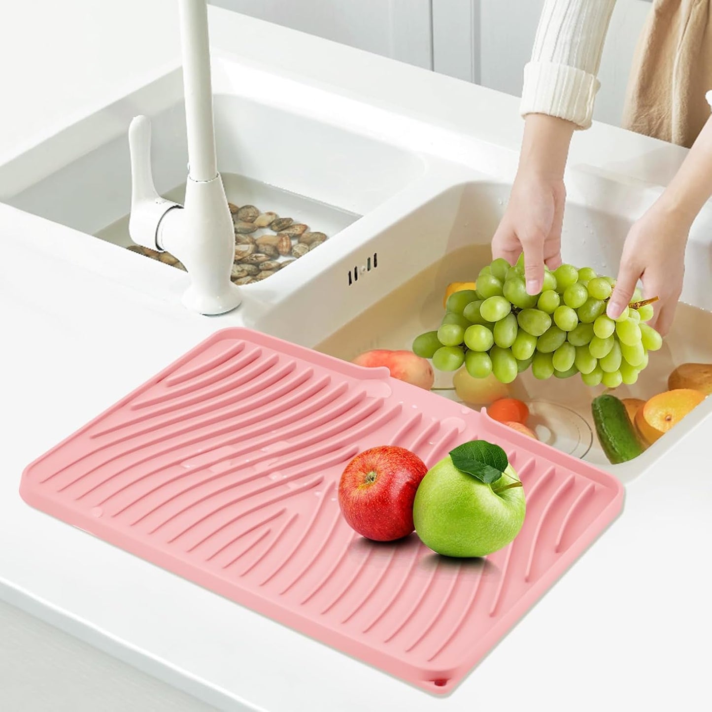 Silicone Dish Drying Mat for Kitchen Counter, Dish Drying Pad, Non-Slip Drain Pad with Built-in Drain, Heat Resistant Stone Drying Mat(15.8" x 13", Pink)