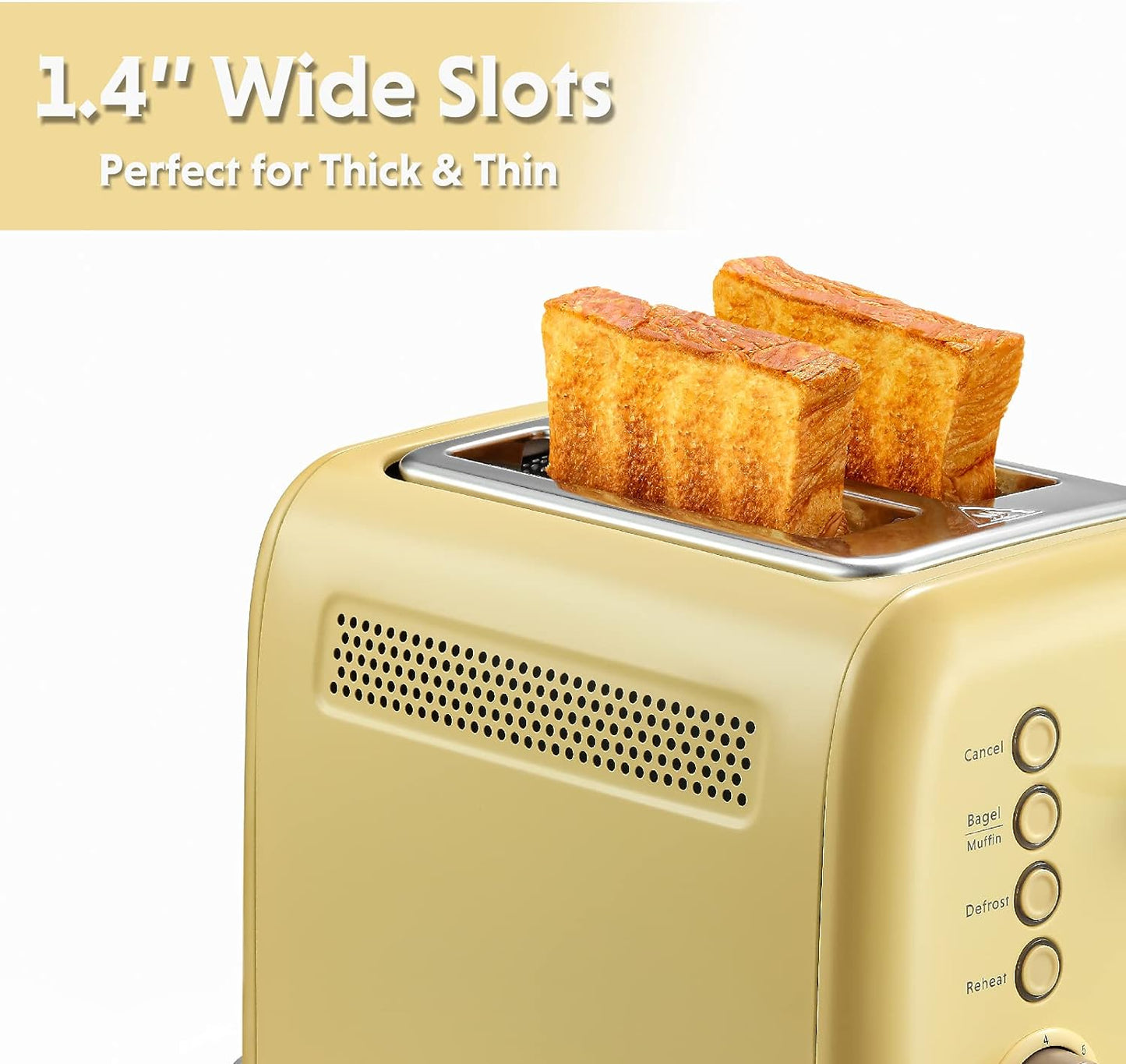 BUYDEEM DT620 2-Slice Toaster, Extra Wide Slots, Retro Stainless Steel with High Lift Lever, Bagel and Muffin Function, Removal Crumb Tray, 7-Shade Settings,Mellow Yellow