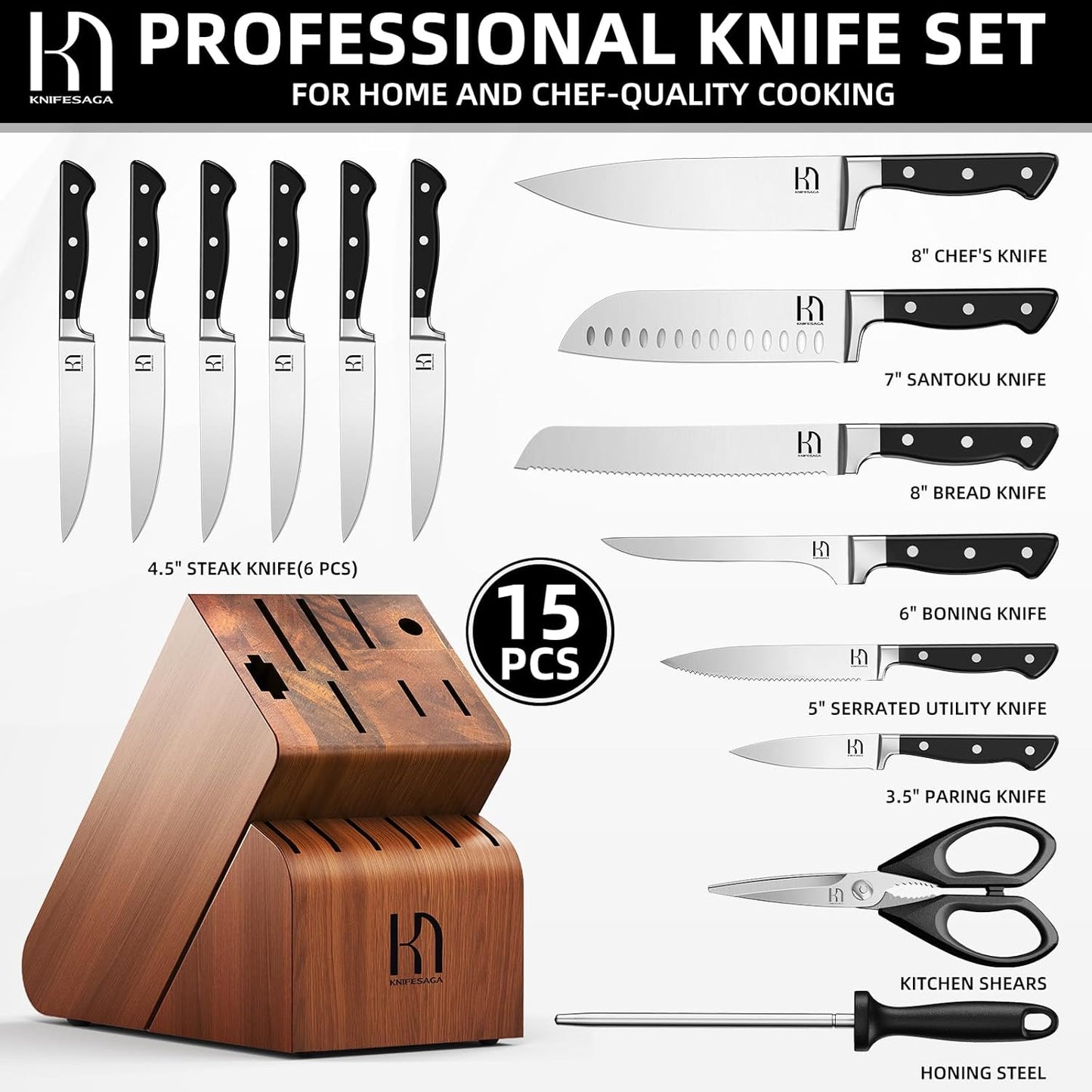 Knife Set, 15 Pcs Kitchen Knife Block Set, Enduring Razor-Sharp Japanese High Carbon Stainless Steel Chef Knife Set with Block and Sharpener, Premium Knives Set for Kitchen, Black Acacia