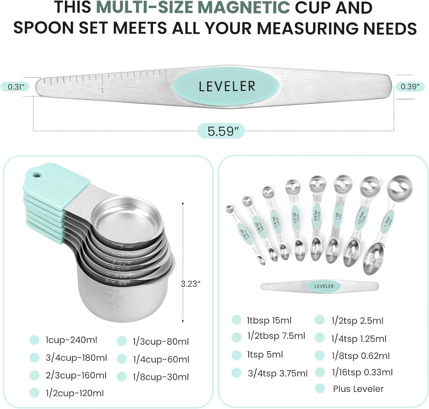 Magnetic Measuring Cups and Spoons Set-Heavy Duty 304 Stainless Steel,Double Measurement Markings,Set of 16 with Leveler for Measure Dry and Liquid Ingredients (Mint)