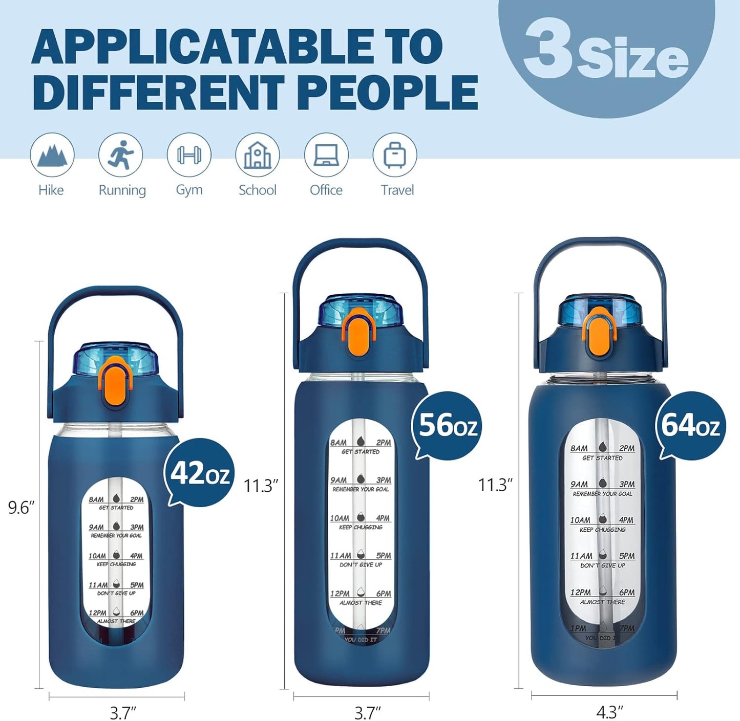 kytffu 64oz Glass Water Bottles with Straw, Half Gallon Motivational Glass Bottle with Silicone Sleeve and Time Marker, 2L Leakproof Large Glass Water Jug for Gym Home Office,Blue