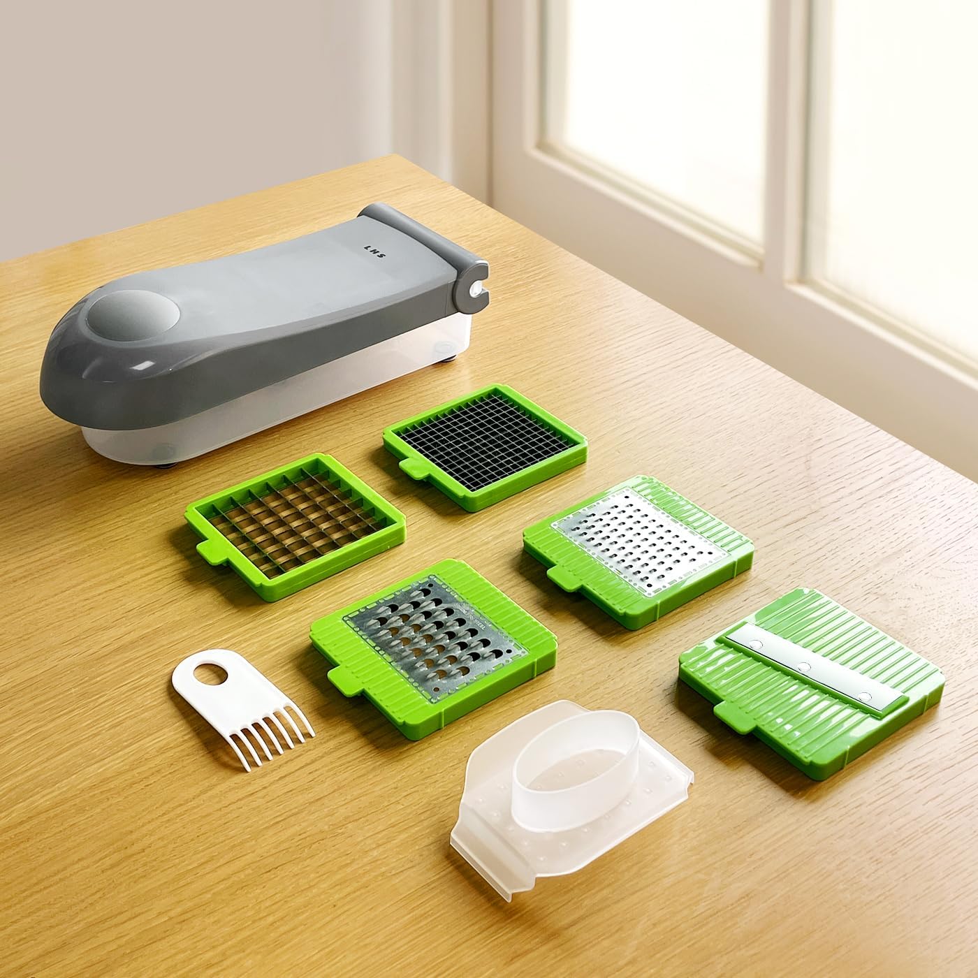 LHS Multifunctional Vegetable Chopper - 7 in 1 Veggie Slicer, Dicer, Cutter for Onions, Potatoes, Salad - Grey Container Included