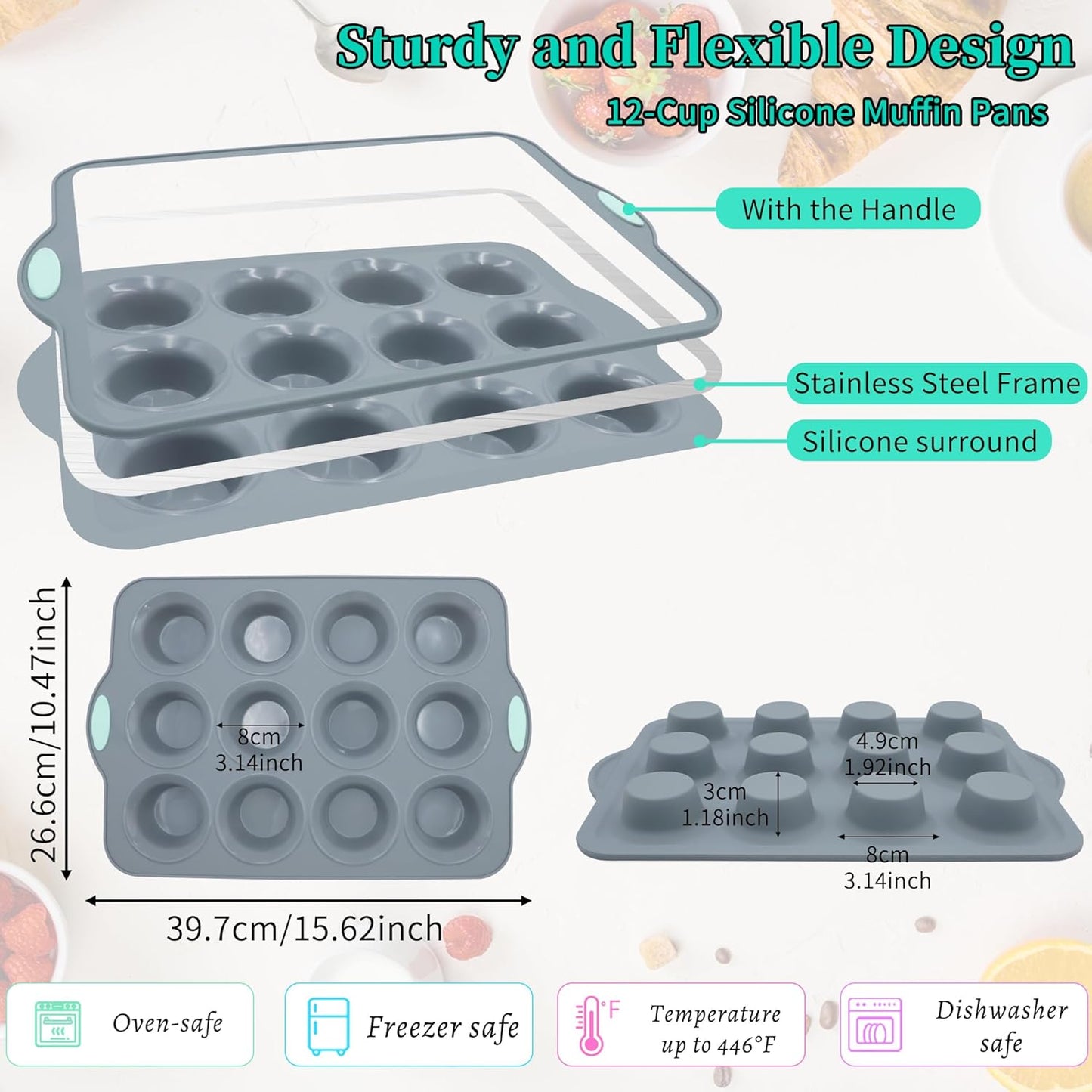 To encounter 2Pack Silicone Muffin Pan with Metal Frame, 12 Cup Regular Size Cupcake Pan, Non-Stick Baking Tray, Food Grade Baking Molds for Oven, Dishwasher Safe