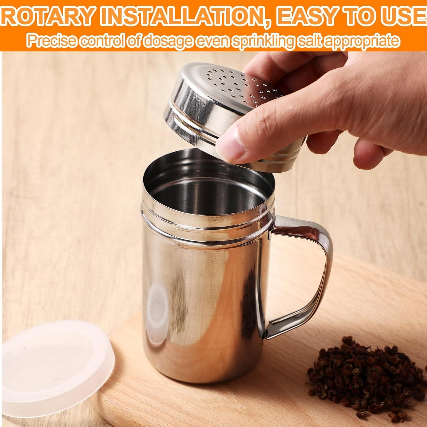 Lallisa 4 Pcs Stainless Steel Salt and Pepper Shakers with Lid and Handle Dredge Spice Seasoning Condiment Popcorn Salt Shaker Powder Sugar Flour for Cooking Kitchen Baking (14oz)