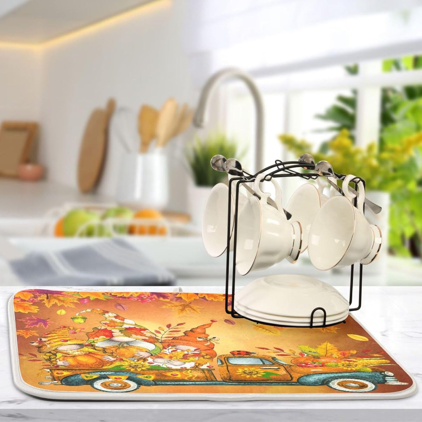 Thanksgiving Gnome Truck Autumn Dish Drying Mat for Kitchen Counter Absorbent Microfiber Drying Pad, Medium 16x18 in, Maple Leaves Reversible Drainer Mats