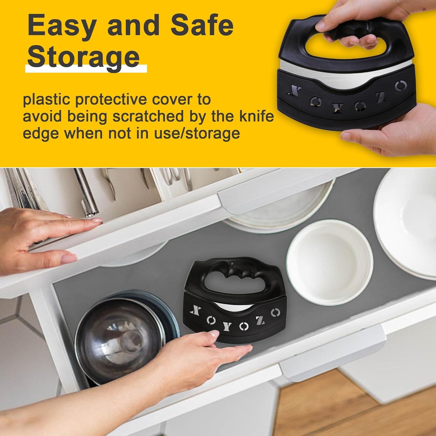 XoYoZo Pizza Cutter Salad Chopper Large Stainless Steel Blade with Cover, Dough Rocker Mezzaluna Knife for Kitchen Gadgets