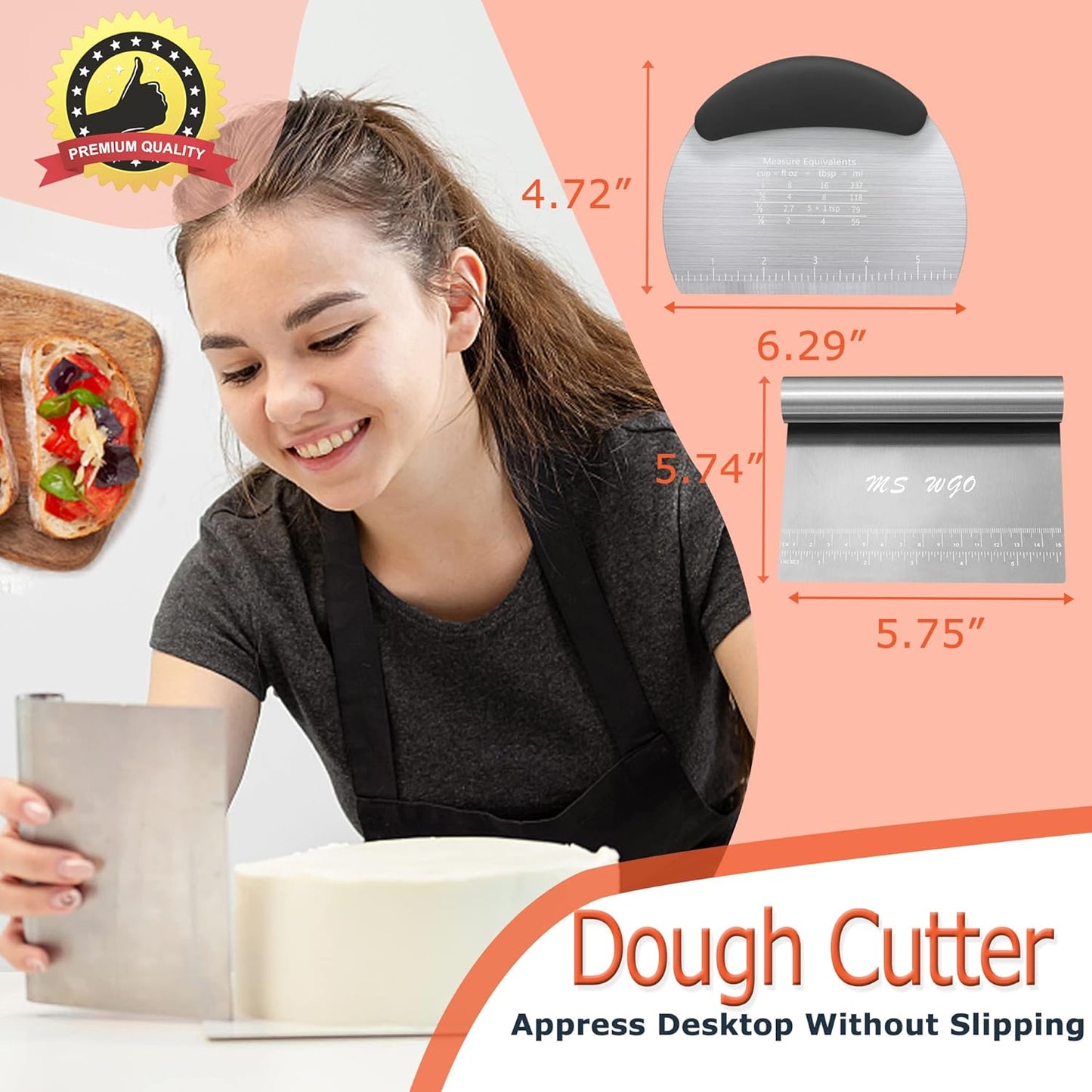 Dough Scraper Cutter Pastry Pizza Cutter Stainless Steel Tool with Scale Ruler, Kitchen Tool for Baking Cookie Dough Vegetable Bread