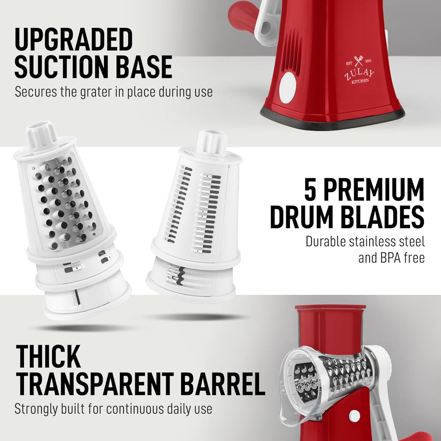 Zulay Kitchen Rotary Cheese Grater 5 Blade Cheese Shredder - Manual Hand Crank Cheese Grater With Reinforced Suction & 5 Interchangeable Drums - Easy to Use, Vegetable Chopper Round Mandoline Slicer