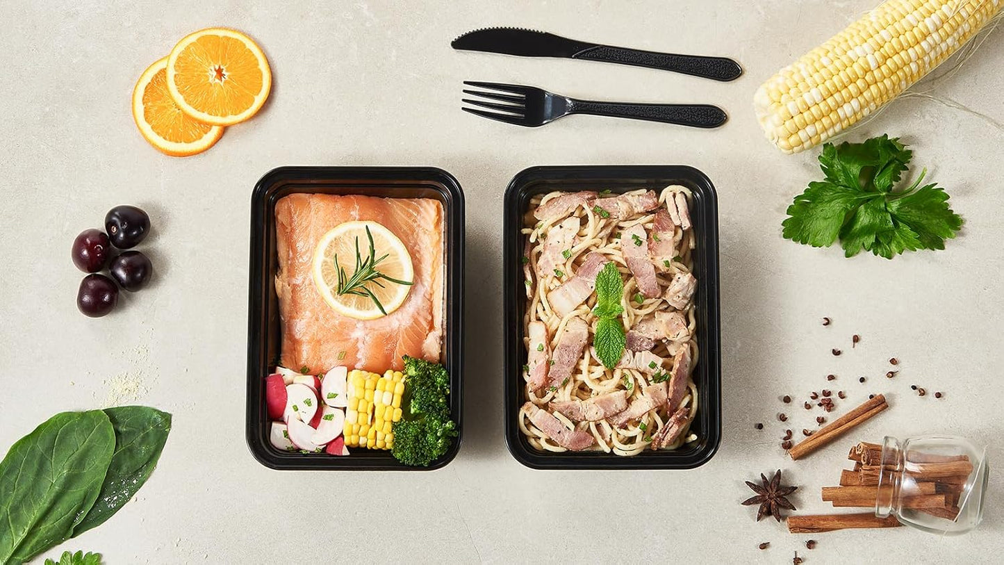 24 oz Meal Prep Containers With Lids Reusable 50 Pack Extra-thick Plastic Food Storage Black Disposable To Go Lunch Box BPA Free Stackable Microwave Dishwasher Freezer Safe (Formerly FULING)