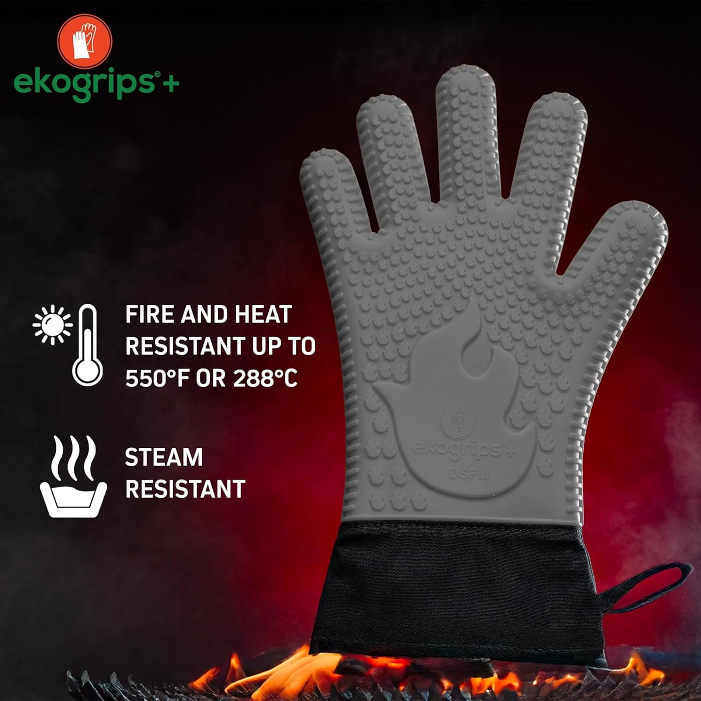Ekogrips+ Premium Silicone Oven Mitts - Comfy, Waterproof, Heat Resistant BBQ Gloves for Grilling, Long Cuff for Added Protection, 5 Finger Dexterity, 3 Sizes, 4 Colors, L/XL, Grey