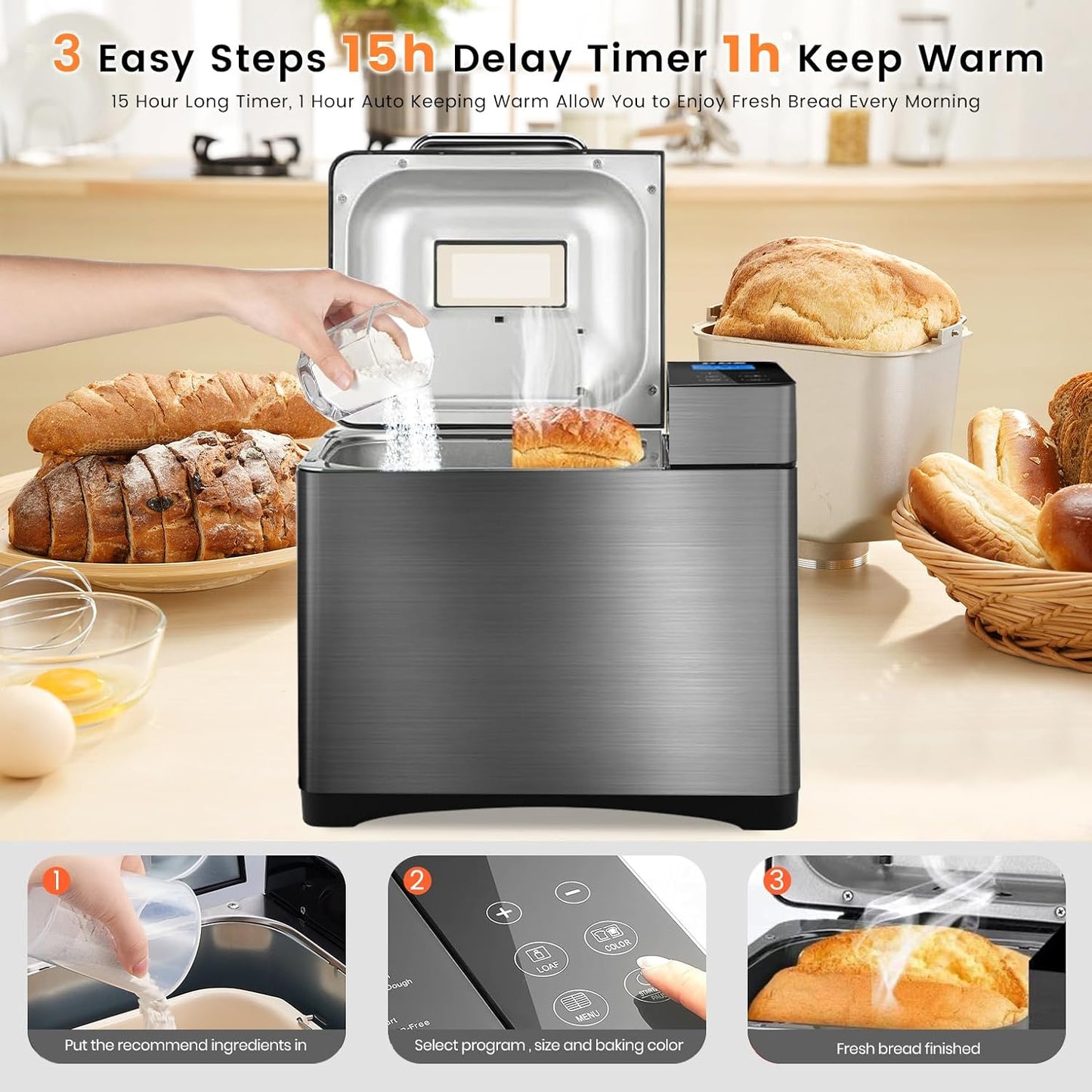 KBS 17-in-1 Bread Maker-Dual Heaters, 710W Machine Stainless Steel with Gluten-Free, Dough Maker,Jam,Yogurt PROG, Auto Nut Dispenser,Ceramic Pan& Touch Panel, 3 Loaf Sizes 3 Crust Colors,Recipes