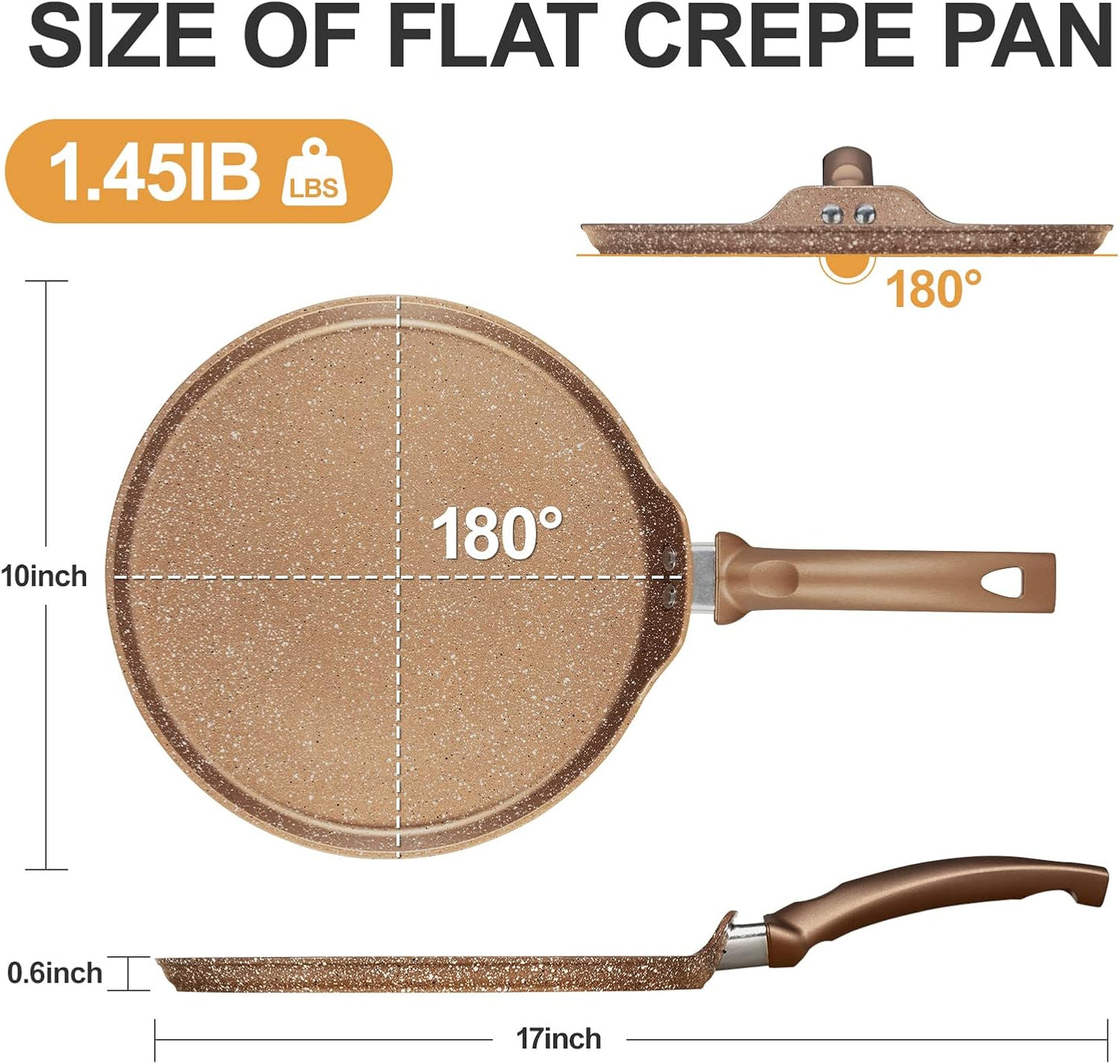 Nonstick Crepe Pan, Granite Coating Flat Skillet Dosa Tawa Tortilla Pan, 10 inch Pancake Griddle Roti Pan With Stay-Cool Handle, Induction Compatible, PFOA Free