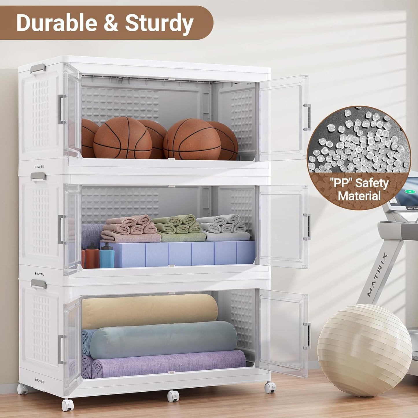 55" H 116Gal Plastic Storage Bins with Lid & Wheels,4Pack Large Stackable Storage Bins with Doors,Closet Organizers and Storage Cabinet Shelves Collapsible Box for Home Kitchen,White