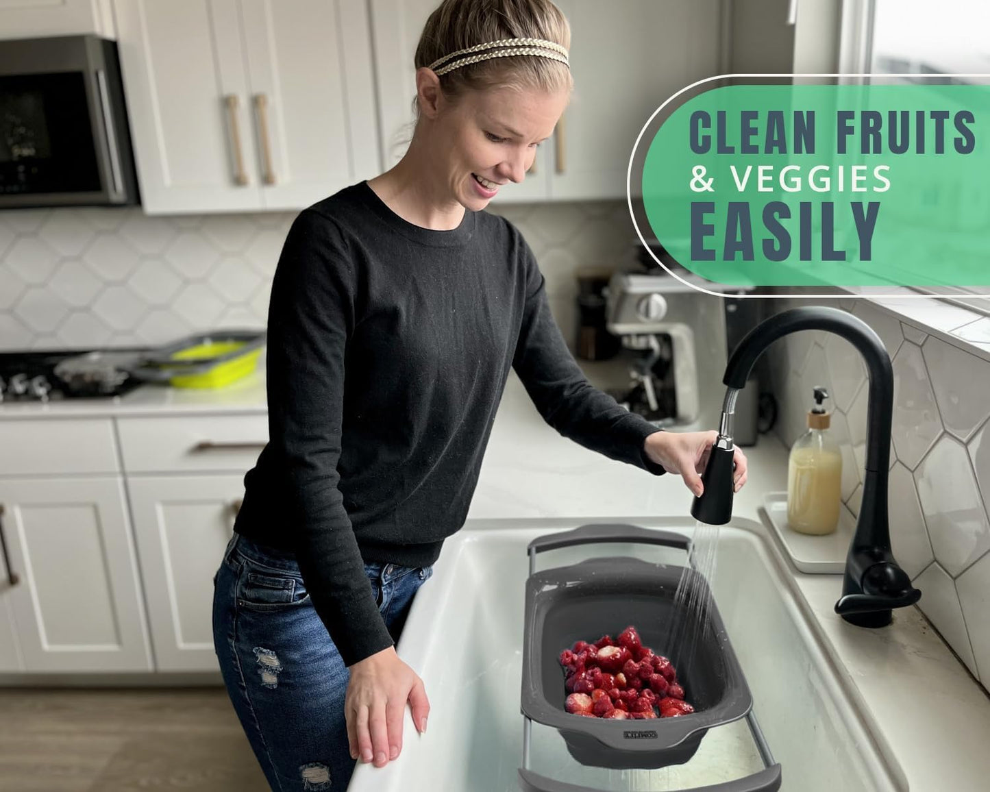 Sleek Black Over-The-Sink (OTS) Colander with Convenient Handles - Space-Saving Kitchen Strainer for Pasta, Vegetables, and Fruits - Elevate Your Kitchen Organization