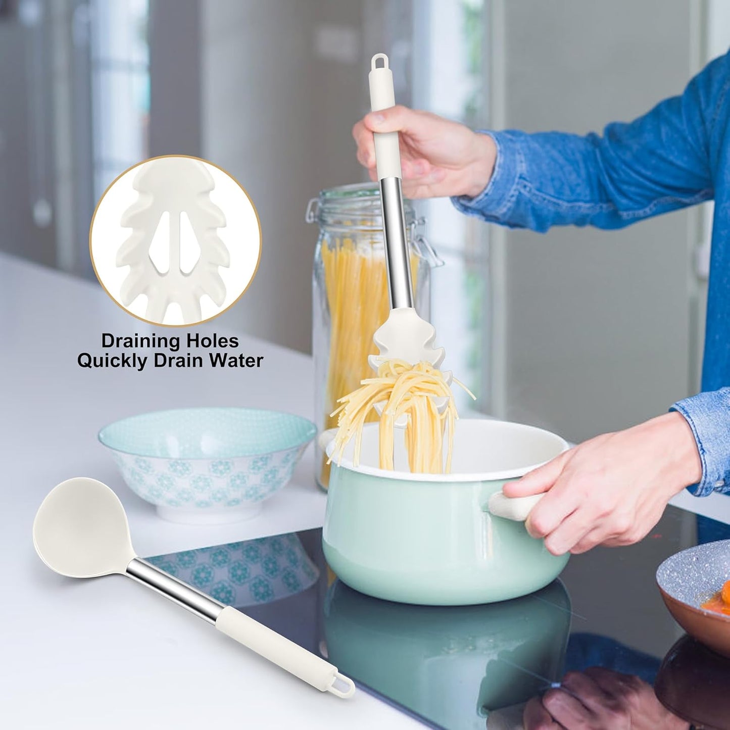 TeamFar Silicone Soup Ladle and Pasta Fork Set, 2 Pcs Large Nonstick Kitchen Cooking Utensils with Stainless Steel Handle for Draining, Serving Soup, Sauce, Spaghetti, Non-Toxic & Heat-Proof, White