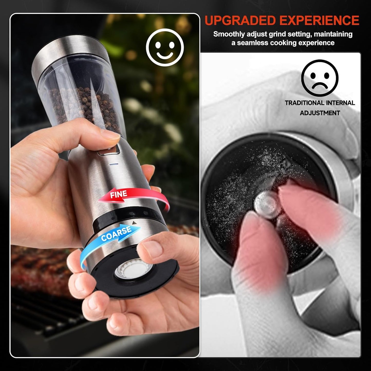 Electric Salt and Pepper Grinder Set, Rechargeable with LED Lights, Stainless Steel Automatic Pepper & Salt Mill with 5 Adjustable Coarseness (Upgraded Larger Capacity 150 ML)