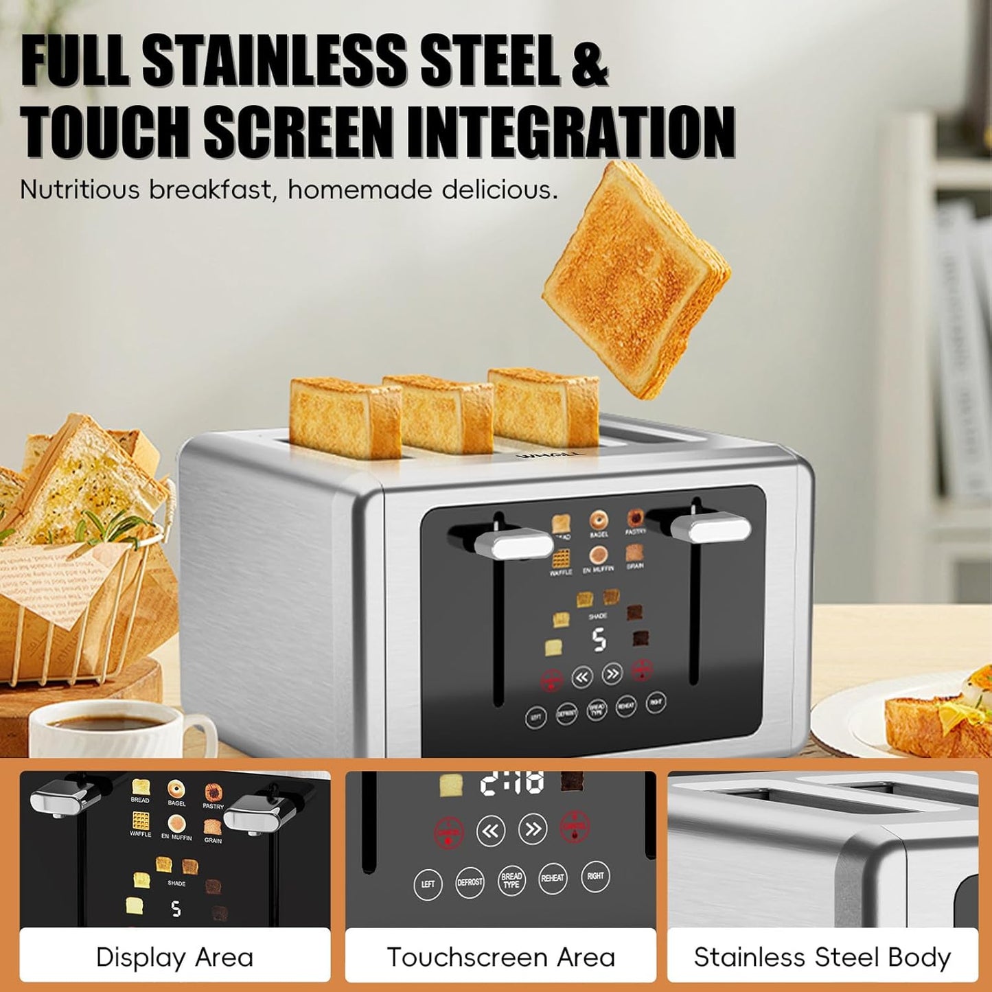 whall 4 Slice Touch Screen Toaster, Stainless Steel Toasters Digital Timer, Dual Control Panel Toasters,6 Shade Settings&6 Bread Types, Smart Wide Slots, Bagel, Cancel, Defrost,White