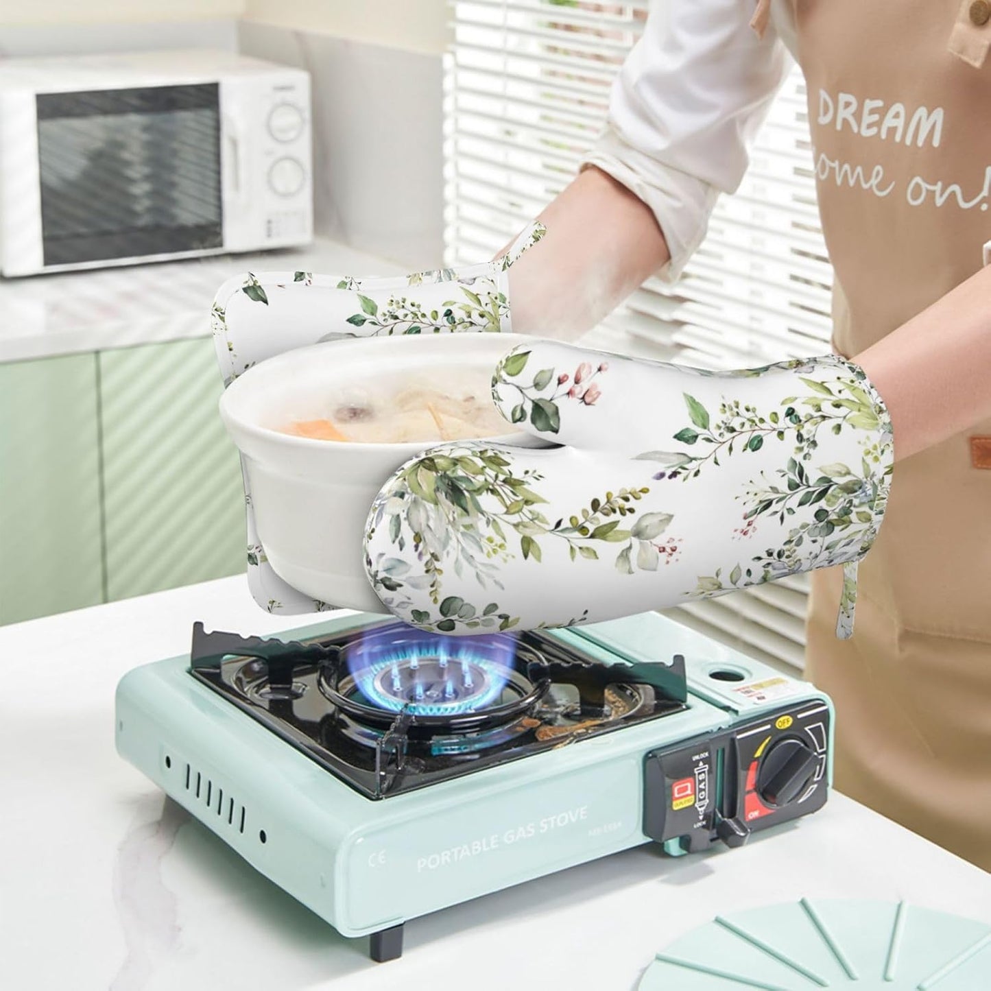 Sage Green Eucalyptus Oven Mitts and Pot Holders Sets Silicone Watercolor Butterfly Leaves Kitchen Mitts Potholders Heat Resistant 4Pcs Oven Gloves Hot Pads for Kitchen Baking Cooking