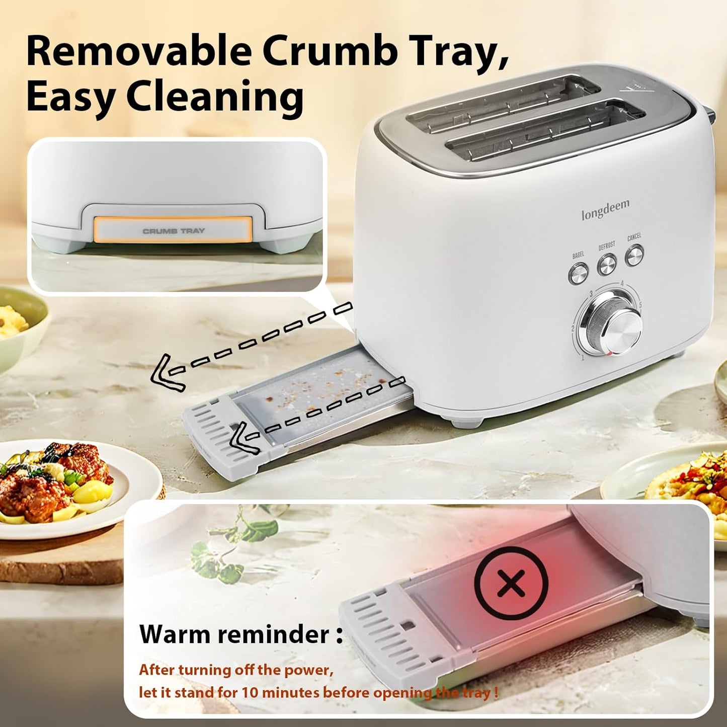 2-Slice Toaster 1.5" Extra Wide Slot Stainless Steel with High Lift Lever, 6 Presets & Bagel/Defrost/Cancel Function, Removal Crumb Tray, Under Base Cord Storage, White