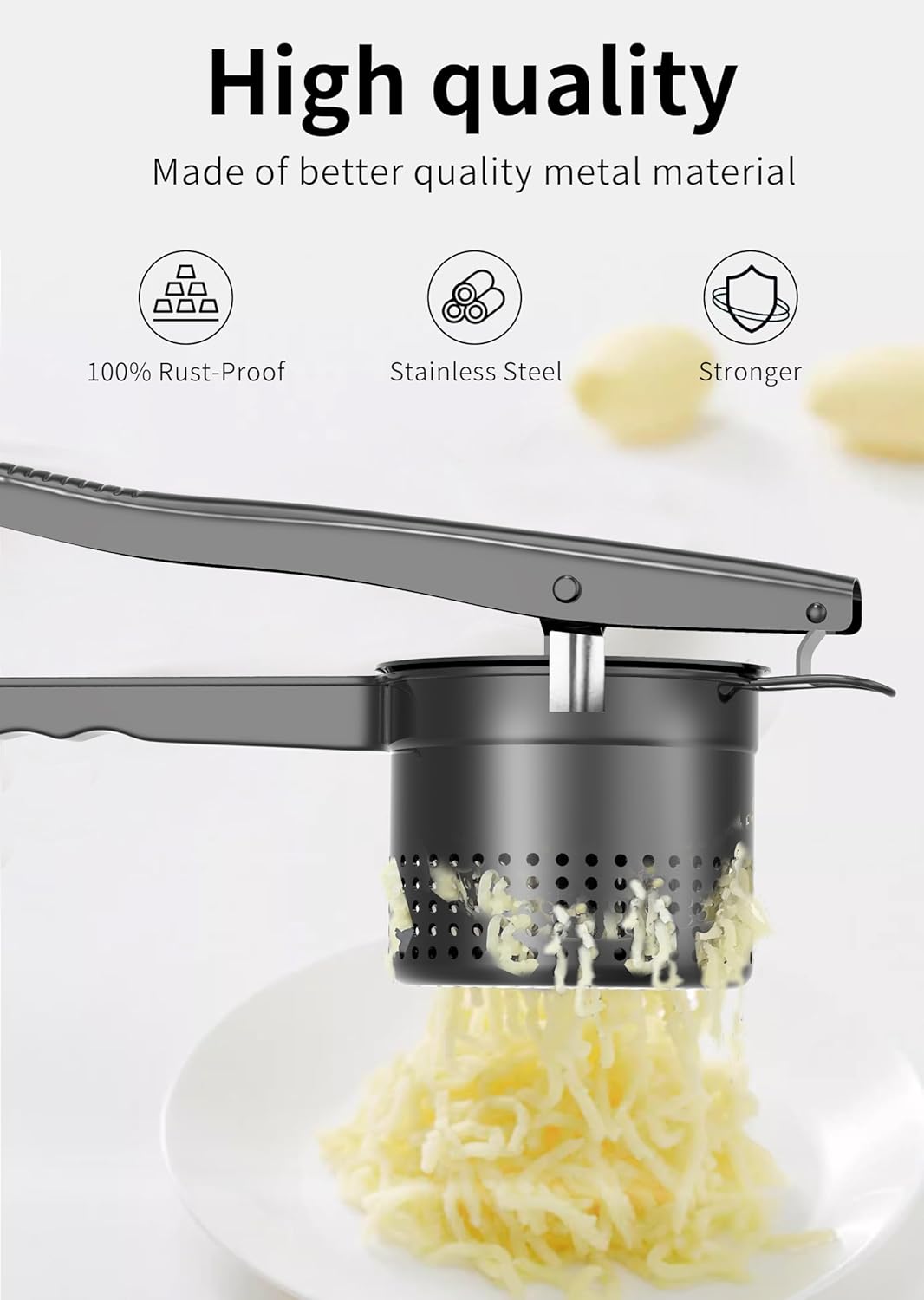 Large 15oz Potato Ricer Masher, Heavy Duty Stainless Steel Potato Masher with Ergonomic Handle, Masher and Ricer Kitchen Tool for Mashed Potatoes, Noodle Maker, Black