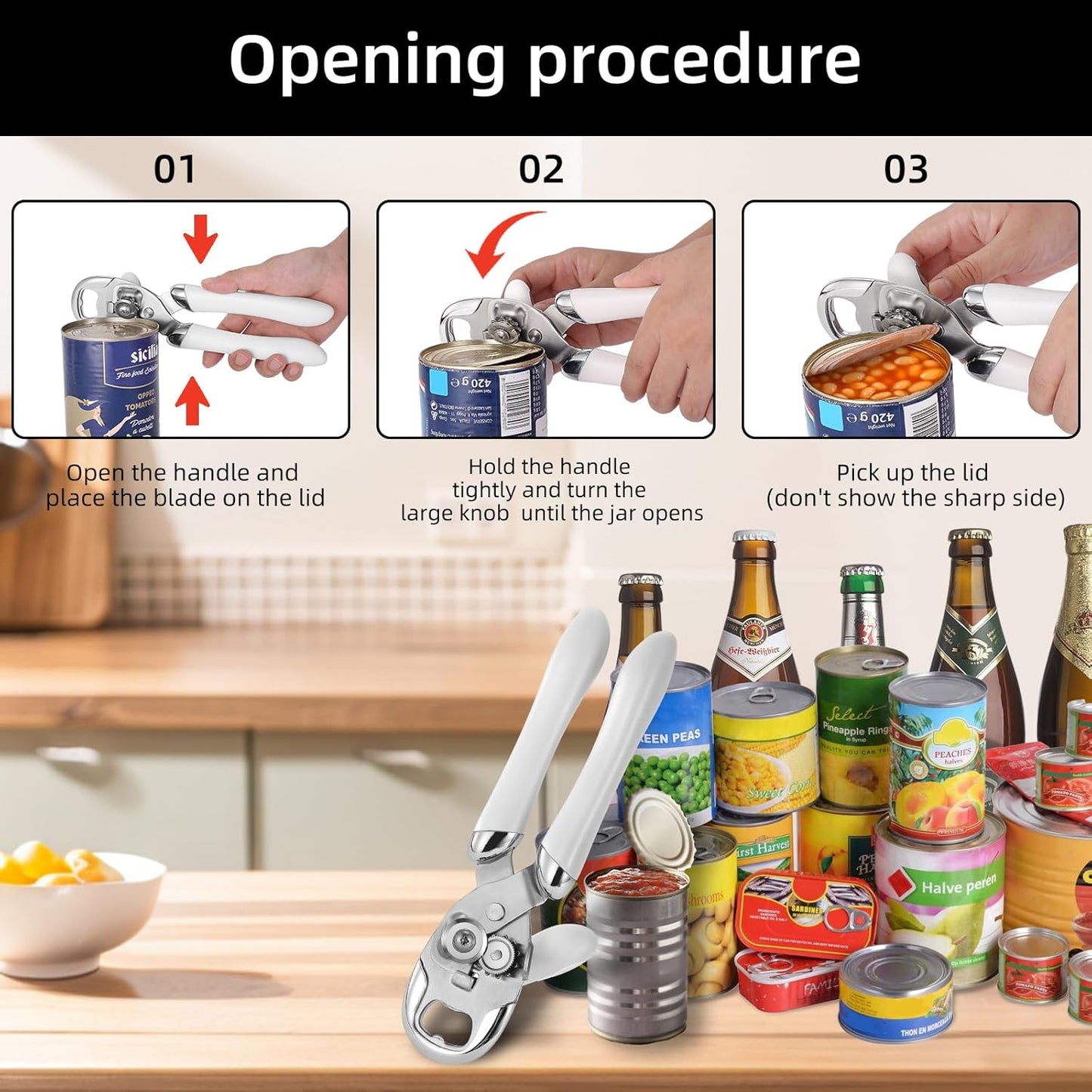 Multi-function Manual Can Opener Bottle Opener, Oversized Hand-held Easy Rotary Knob, Safe Cut Can Opener with Non-Slip Handle, Smoother Cut Sharp Blade for Seniors Kitchen Tool, White