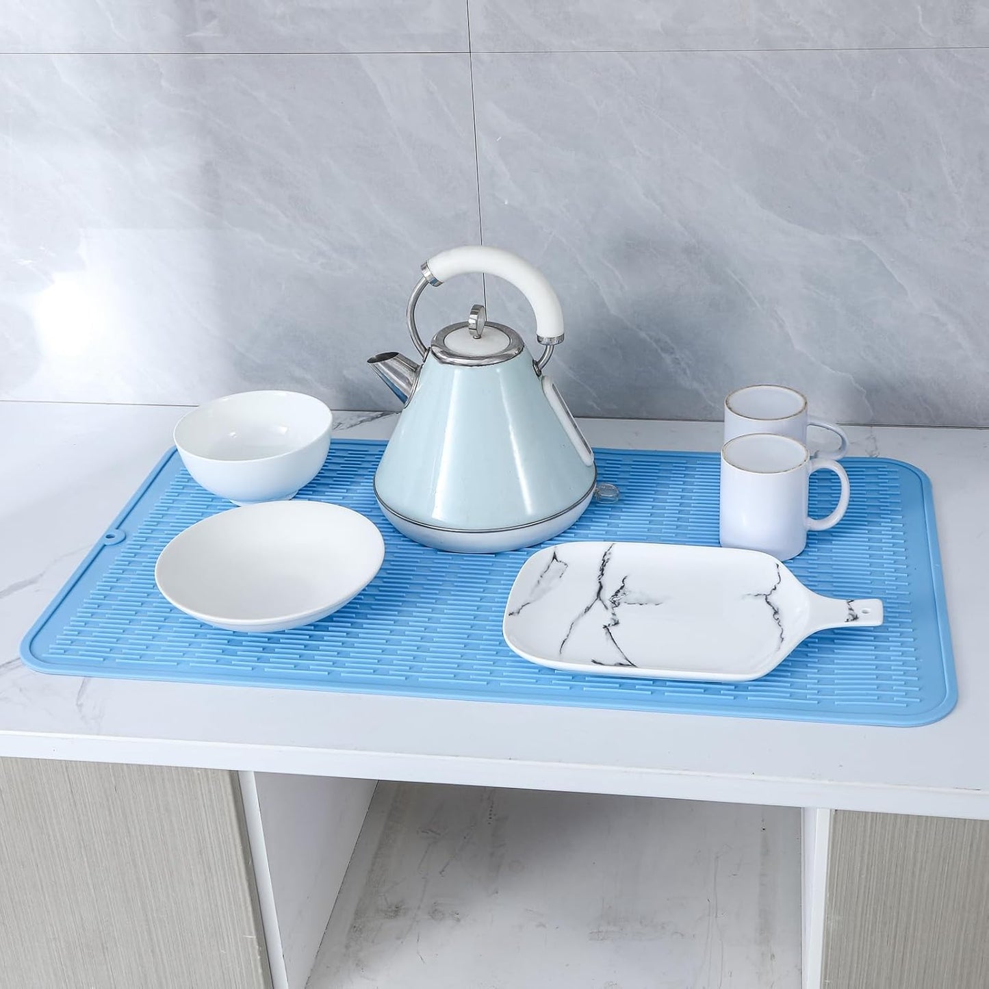Silicone Dish Drying Mat for Multiple Usage,Easy clean,Eco-friendly,Heat-resistant Silicone Mat for Kitchen Counter or Sink,Refrigerator or Drawer Liner Light Blue 3XL 28 inches x 18 inches