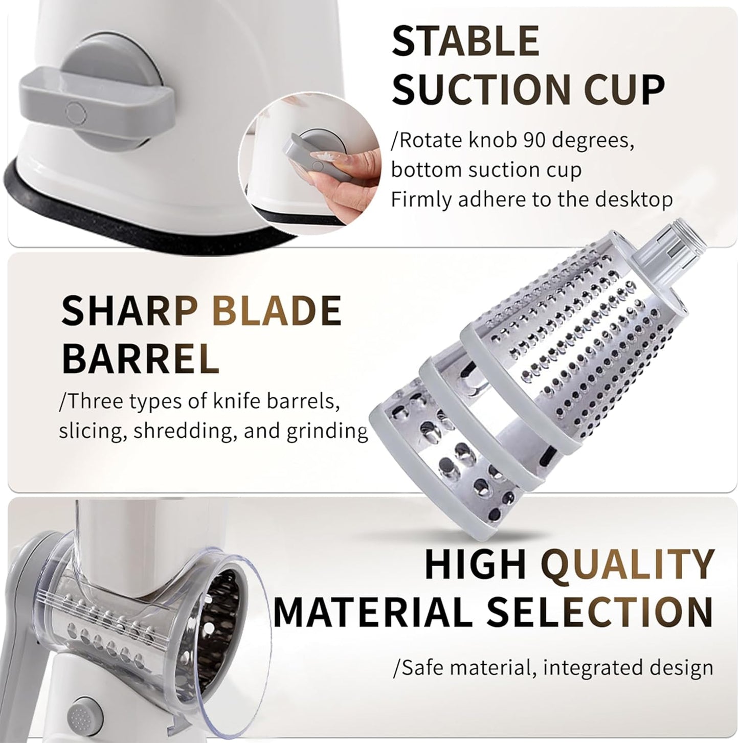 3-in-1 Rotary Cheese Grater Vegetable Slicer, 3 Interchangeable Blades Food Shredder with Anti-Slip Reinforced Suction Base, Kitchen Mandoline Chopper (White)