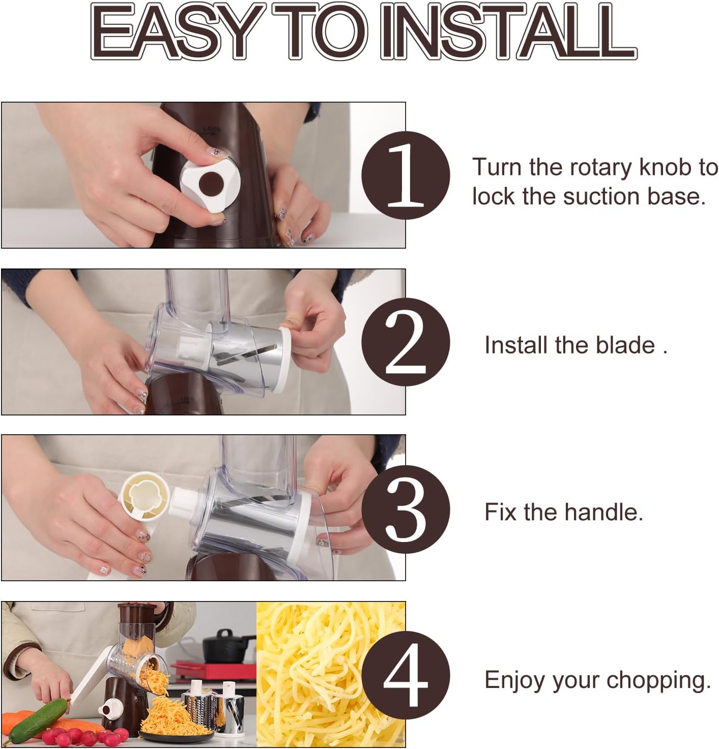 Ourokhome Rotary Cheese Grater Hand Crank, Kitchen Shredder Speed Mandolin Slicer Nut Grinder with Handle and Drum Blades for Cheese, Vegetable, Walnuts, Chocolate, Potato, Carrot,3 Blades, Coffee