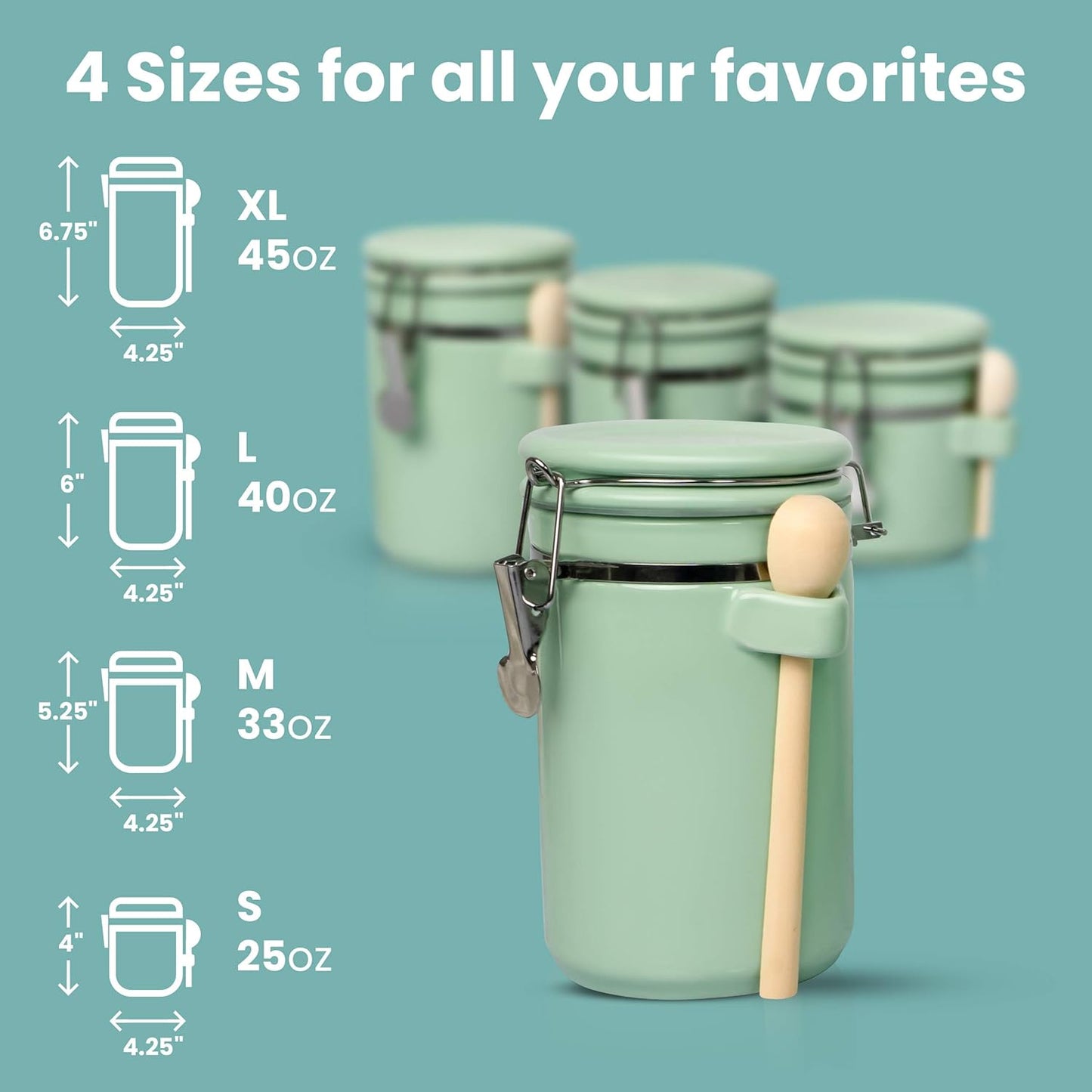 Home Intuition 4-Piece Ceramic Kitchen Canisters Set, Airtight Containers with Wooden Spoons Reusable Chalk Labels and Marker for Sugar, Coffee, Flour, Tea (Mint)