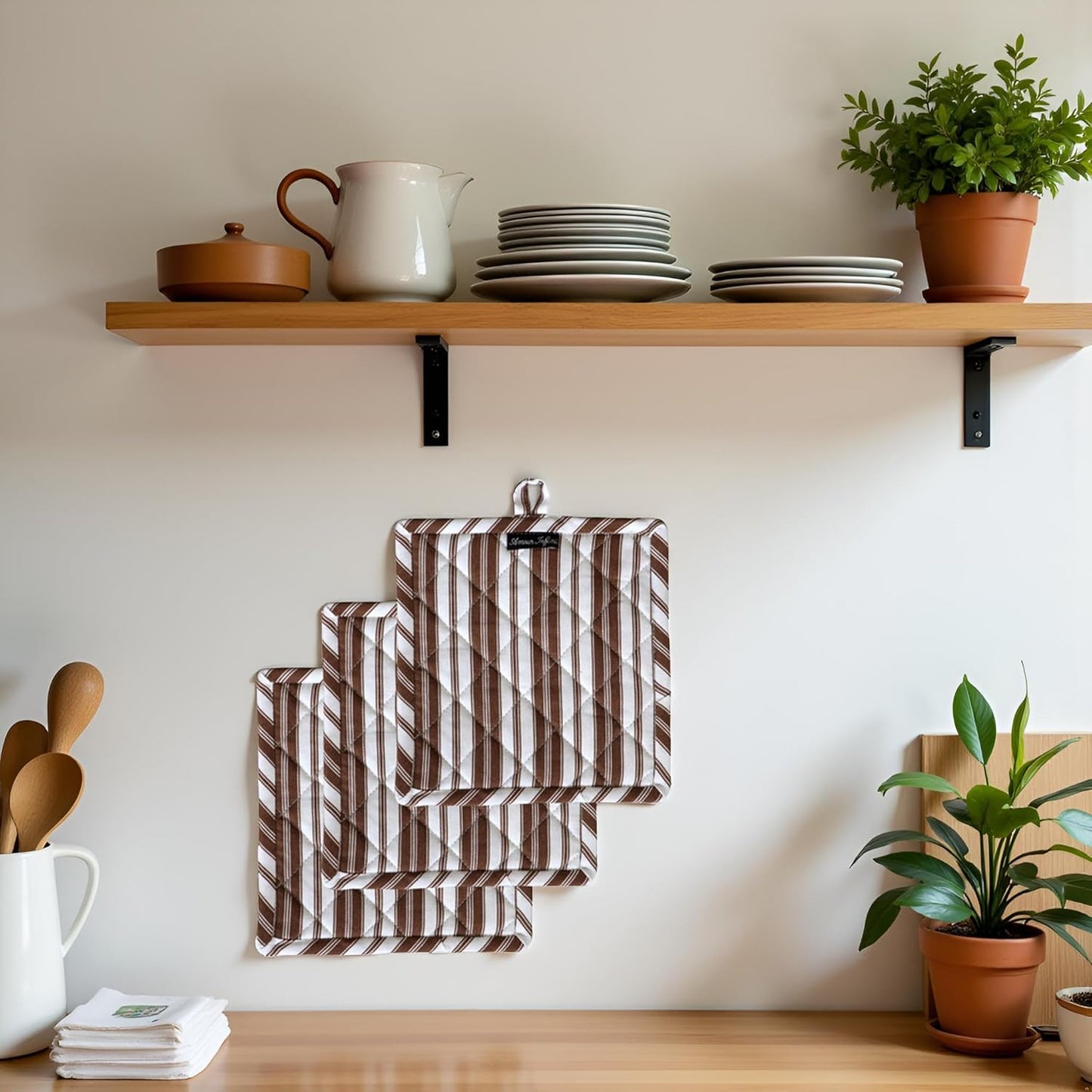 AMOUR INFINI Double Stripe Pot Holders Heat Resistant Cotton Set of 3 Nonslip 8"x8" Inch Hot Pads for Kitchen, BBQ, Baking & Cooking with Hanging Loops (Brown)
