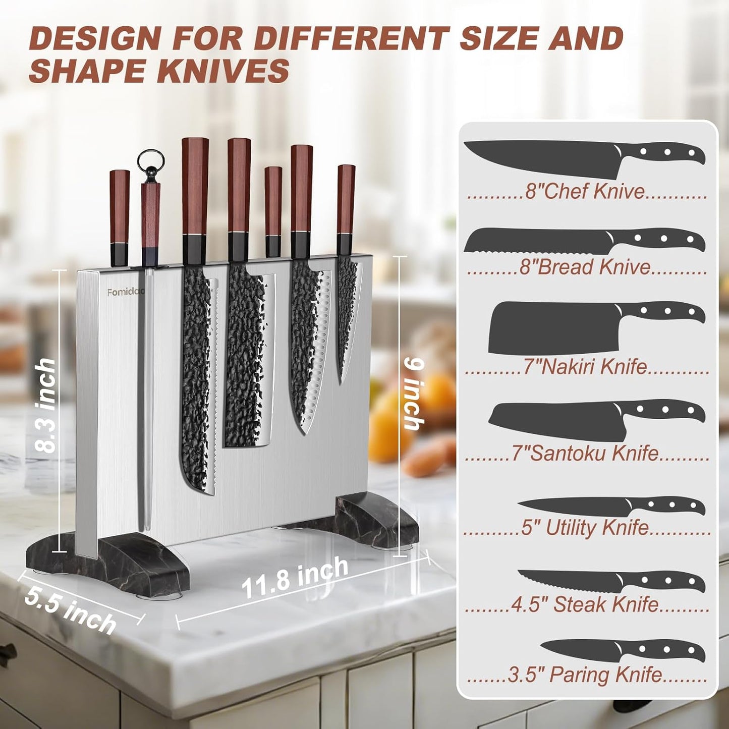 Magnetic Knife Block,Stainless Steel Magnetic Knife Holder Stand for Kitchen Counter,Strong Double Sided Magnet Knife Storage Rack