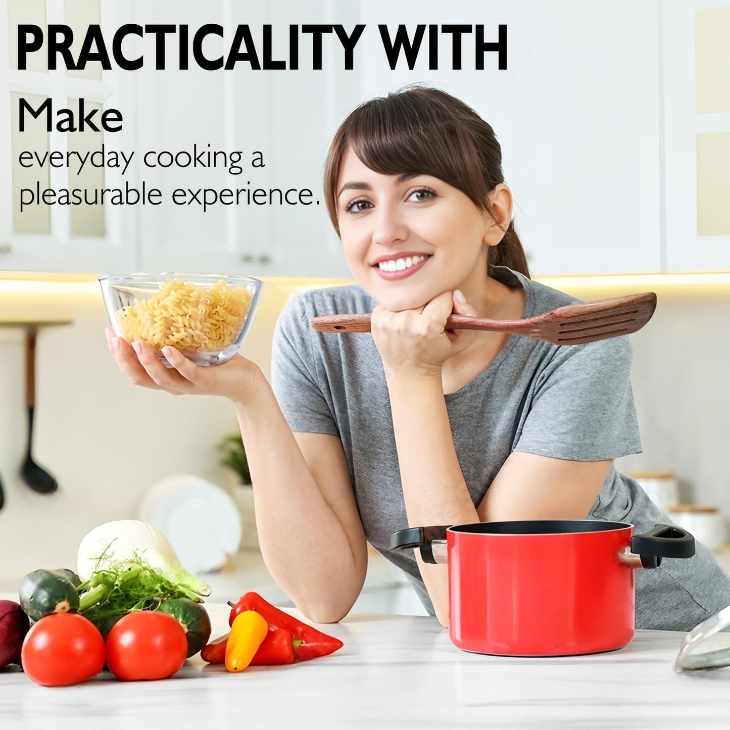 Wooden Spoons for Cooking 10 Pieces Set, Teak Kitchen Utensils Spatula, Wooden Cooking Utensils Spoons, with Spoon Rest, Strainer Spoon, Pasta server, Fried Spatula and Salad Fork, Utensil Holder