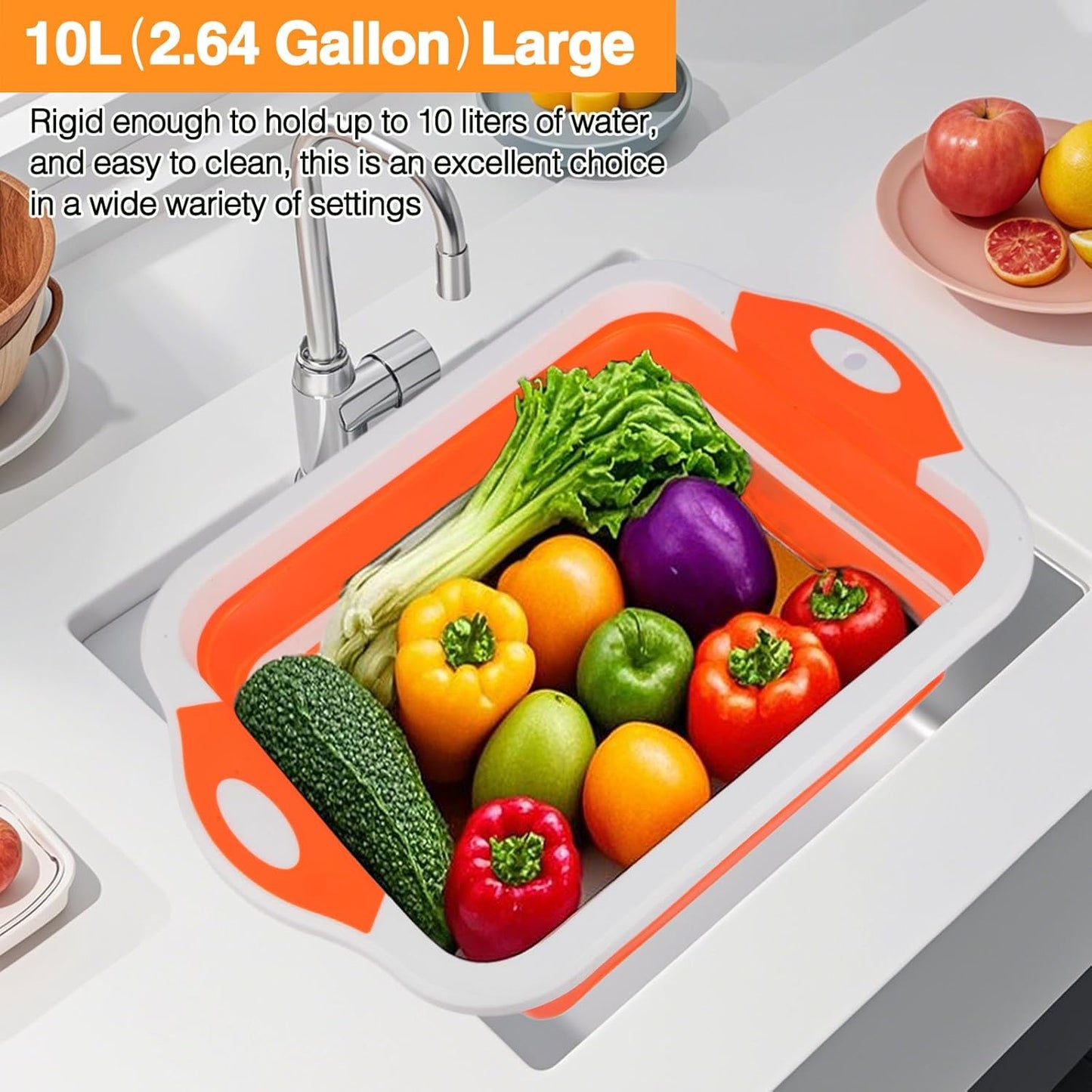 Collapsible BBQ Prep Tub/Cutting Board 10L, Foldable Dish Tub with Colander, Portable Camping Sink, Multifunction Dishing Basin Bucket Wash Tub for Kitchen Fruit Vegetable Picnic (Orange)