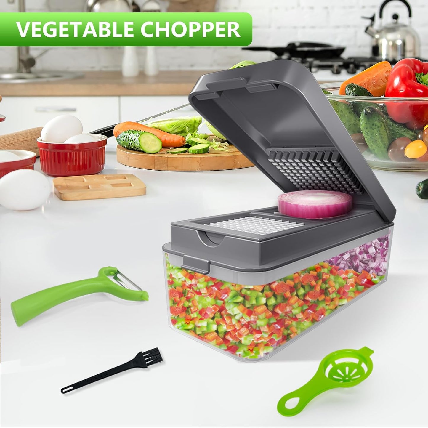 Vegetable Chopper, Onion Chopper Dicer, Mandoline Slicer with Container, Vegetable Cutter for Salad Potato Carrot Garlic(2 Blades, Grey)