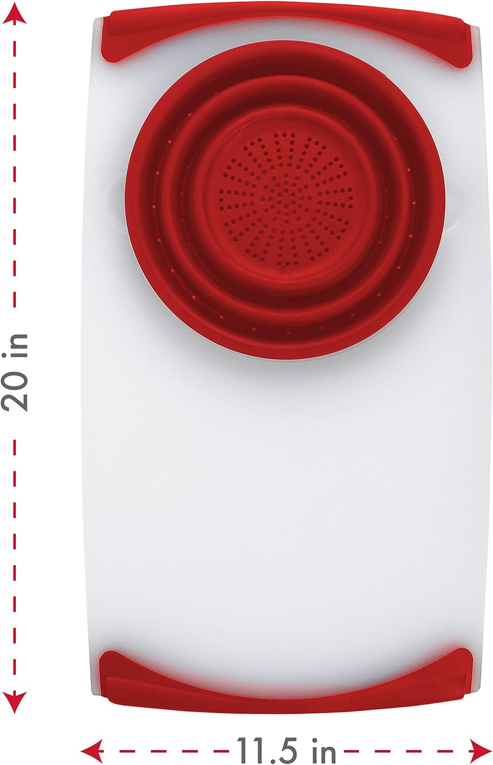 Dexas Over the Sink Poly Cutting Board with Collapsible Colander Strainer, 11.5 x 20",Natural/Red