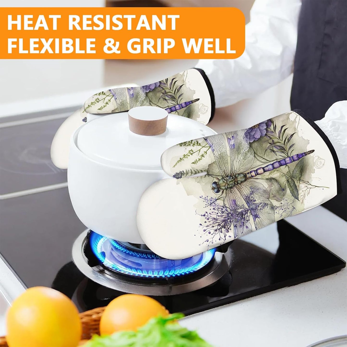 Dragonflies Oven Mitts and Pot Holders Sets 4Pcs,Extra Long Oven Gloves Potholder for Kitchen Cooking Baking BBQ 100% Cotton Heat Resistant