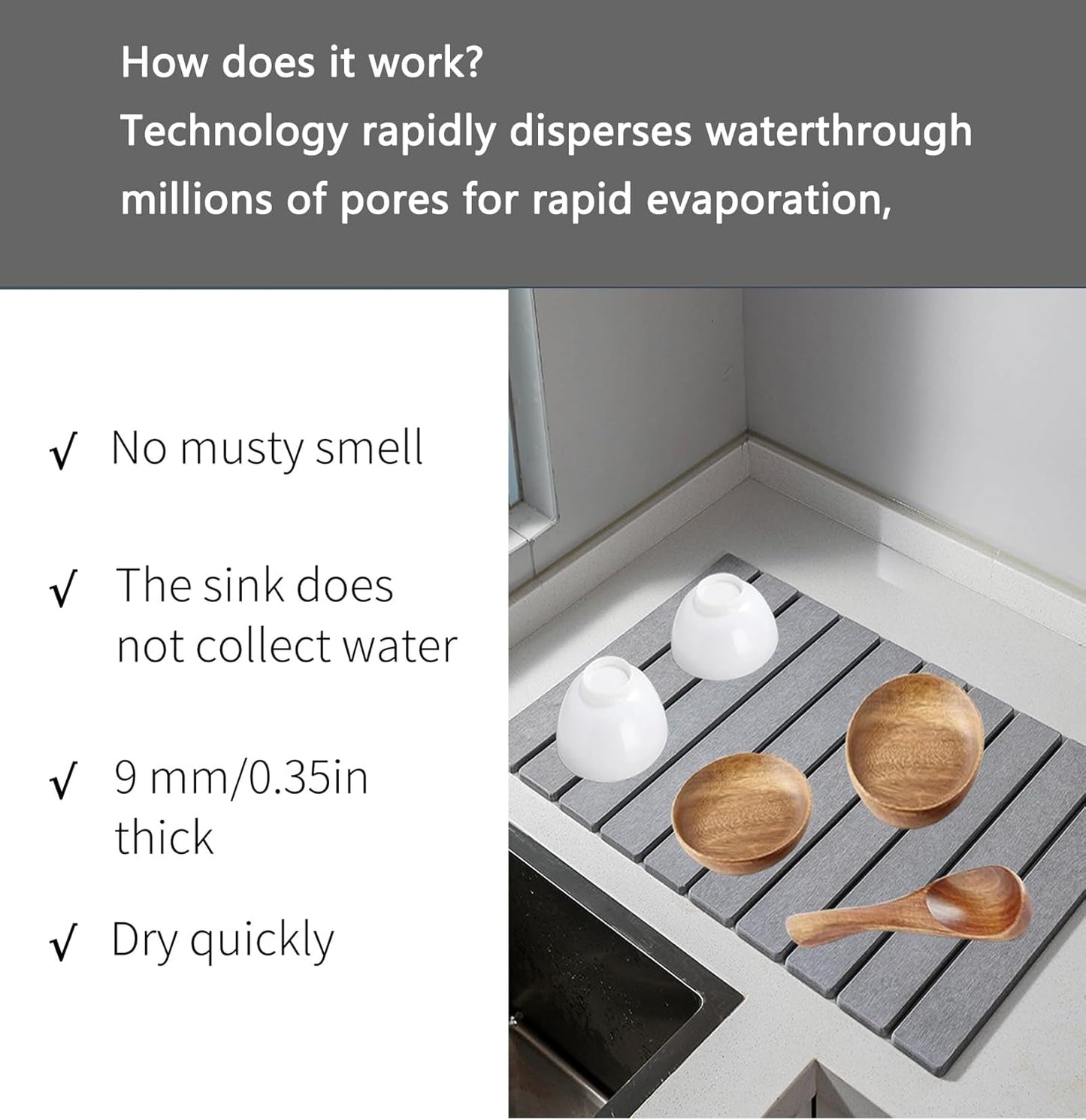 Stone Drying Mat for Kitchen Counter, Stone Dish Drying Mat Foldable, Super Absorbent Diatomaceous Earth Quick-drying Draining Mat for any Kitchen Countertop (Medium Gray B, 23.6”x15.4”)