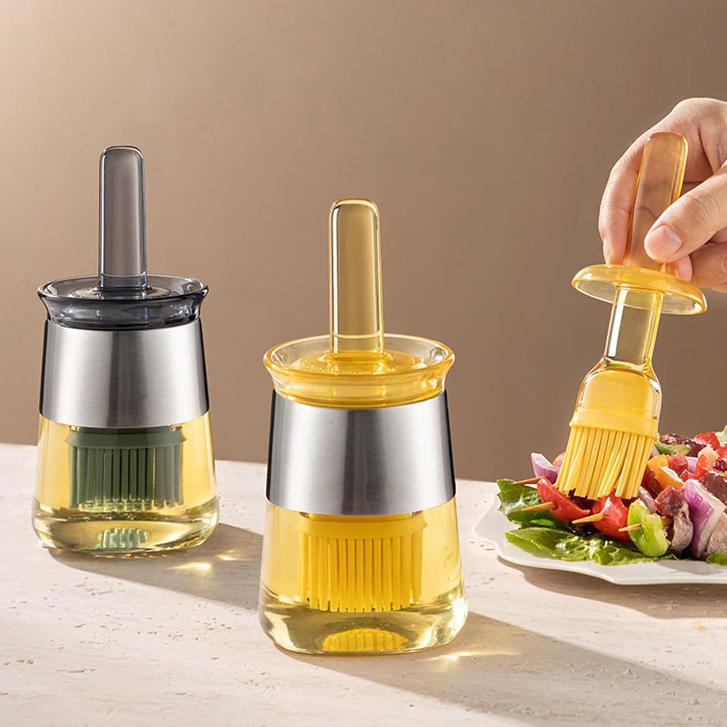 Oil Bottle Brush, 9 oz Olive Dispenser Bottle with Brush,Silicone Basting Brush Oil Separator for Cooking, Glass Oil Dispenser for Kitchen Barbecue Sauce Grill Frying (Blue,270 ml)