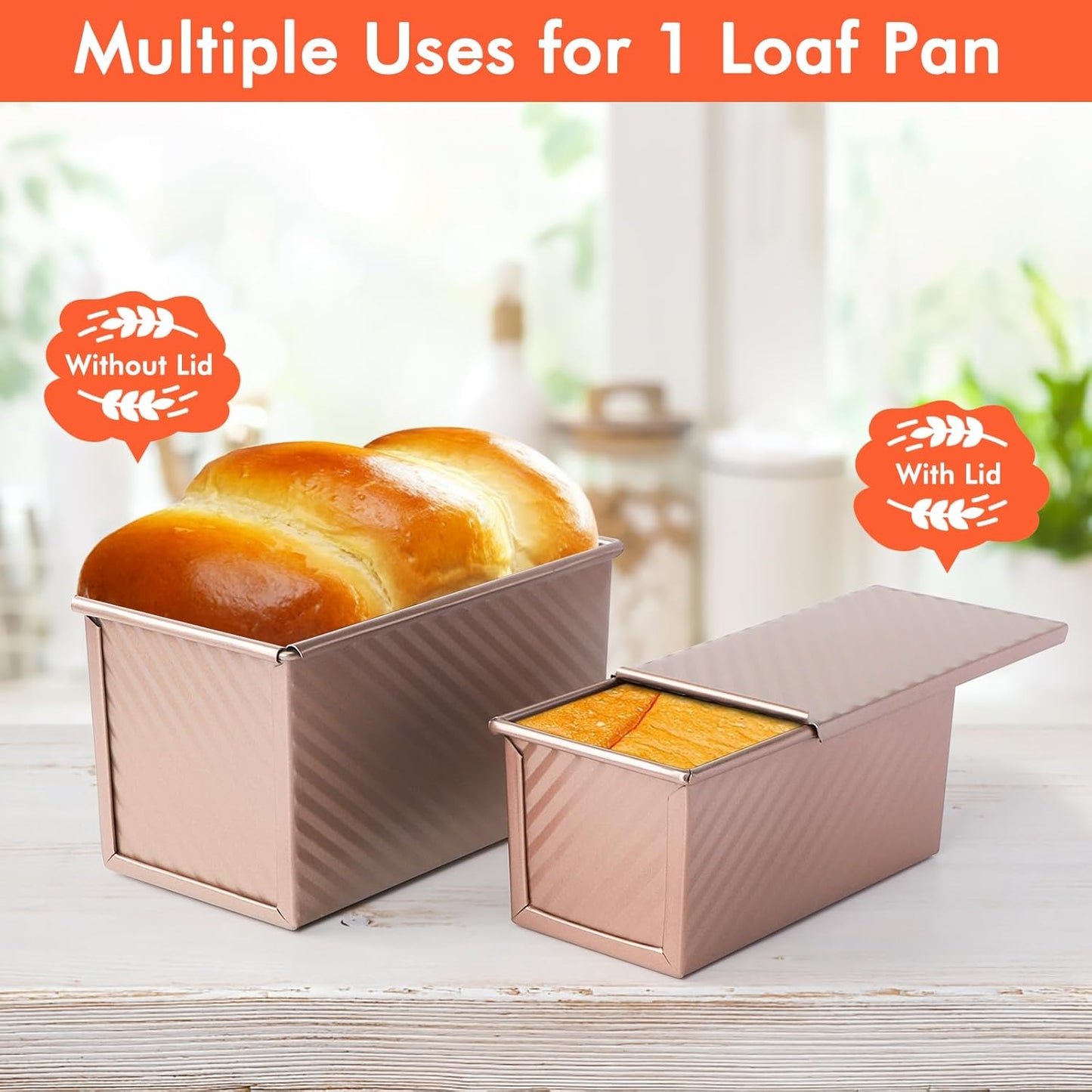 Beasea Pullman Loaf Pan with Lid, 2 Pack Non-Stick Bread Loaf Pans for Homemade Bread 1 lb & 0.5 lb Carbon Steel Bread Toast Box with Dough Scraper for Bread Toast Oven Baking - Rose Gold