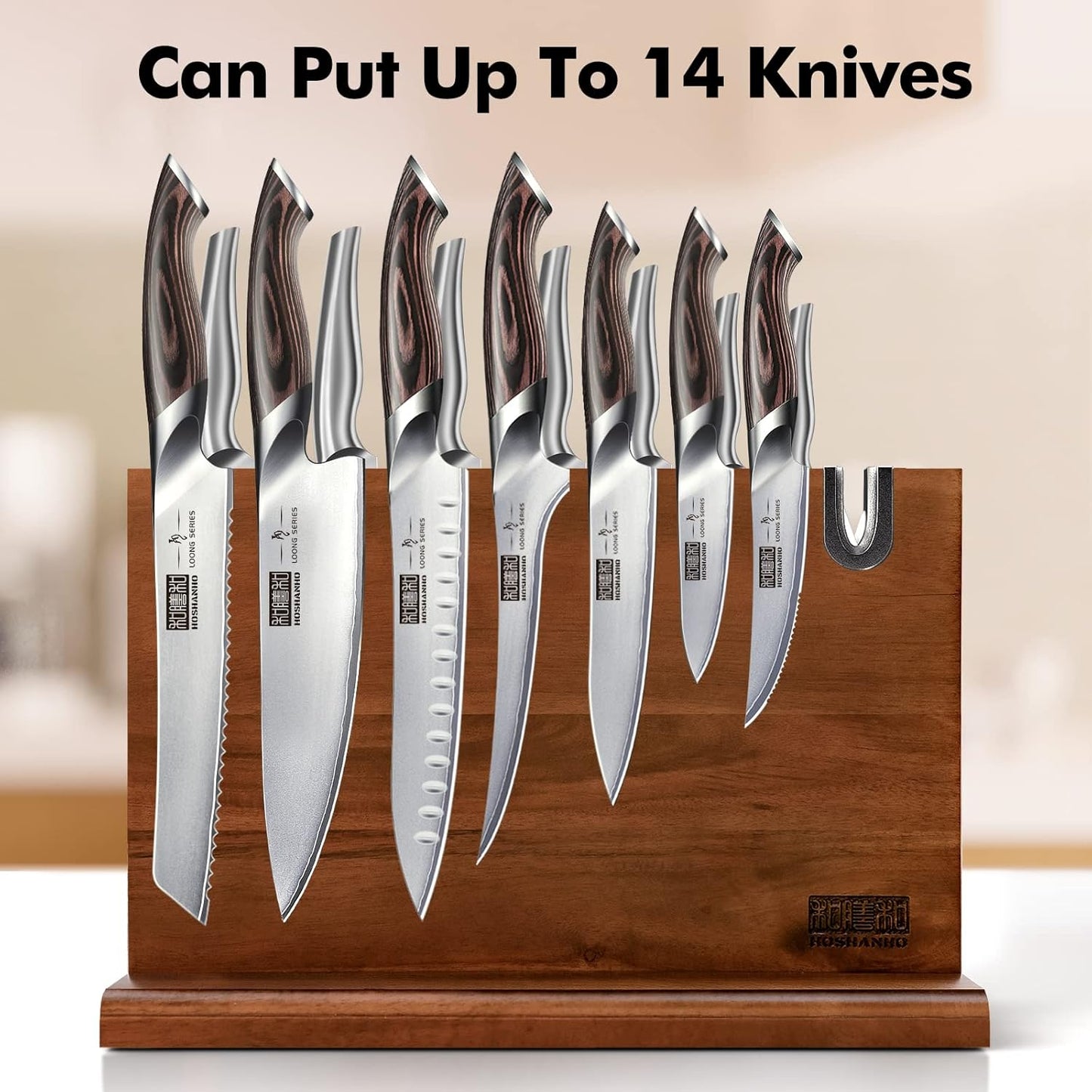 Magnetic Knife Block 14 x 10 Inches, Double Sided Magnetic Knife Holder Rack for Kitchen Counter, Acacia Wood Magnetic Knife Storage Stand with Knife Sharpener